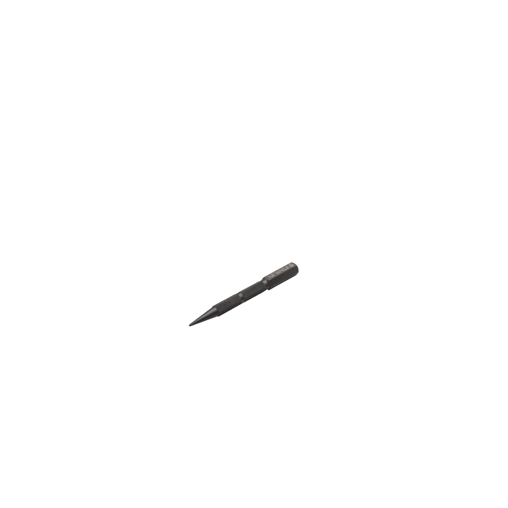 A Stanley brand steel center punch tool with a knurled grip, featuring a pointed tip and cylindrical shape, isolated on a white background.