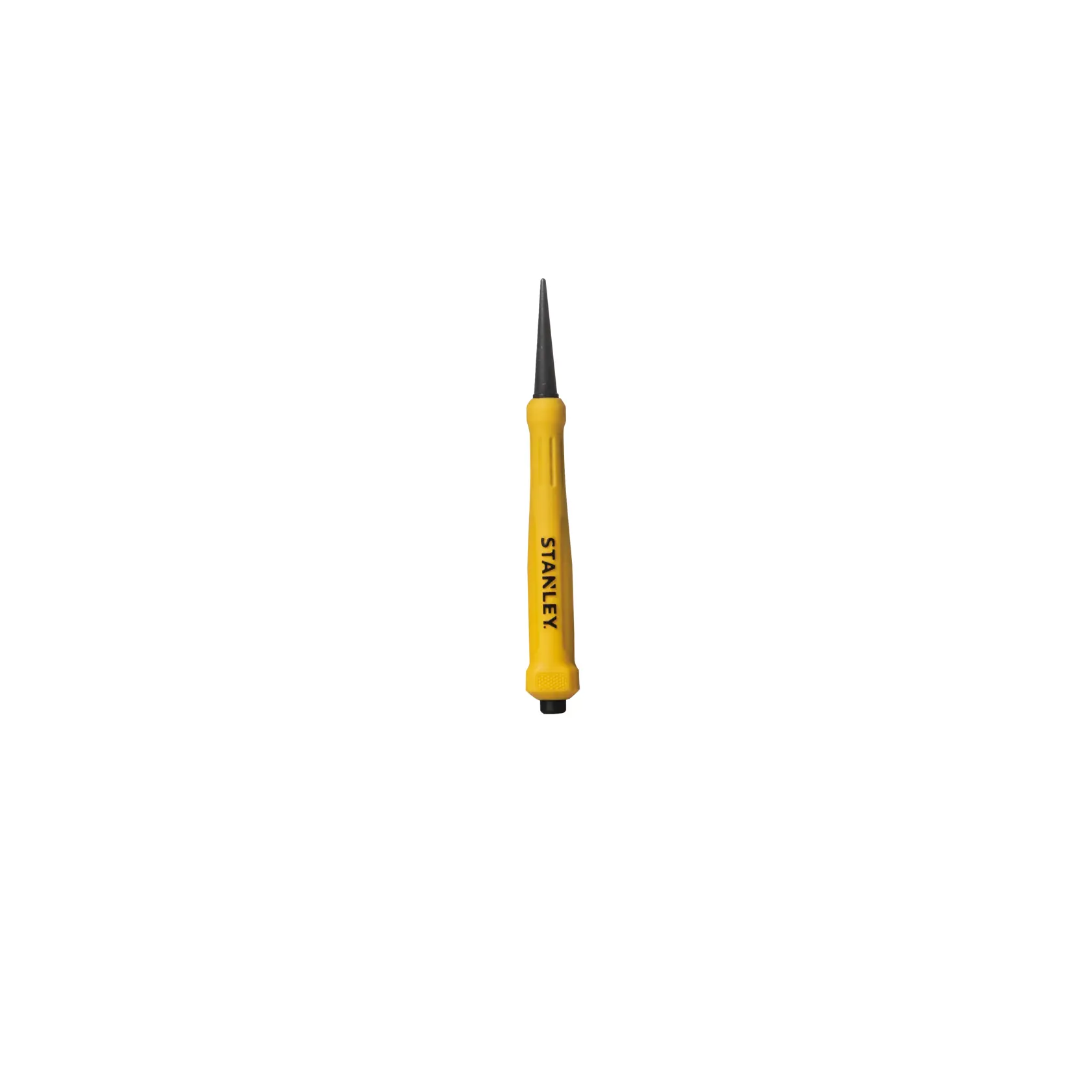 A Stanley-branded yellow-handled metal punch tool with a pointed tip, photographed on a white background.