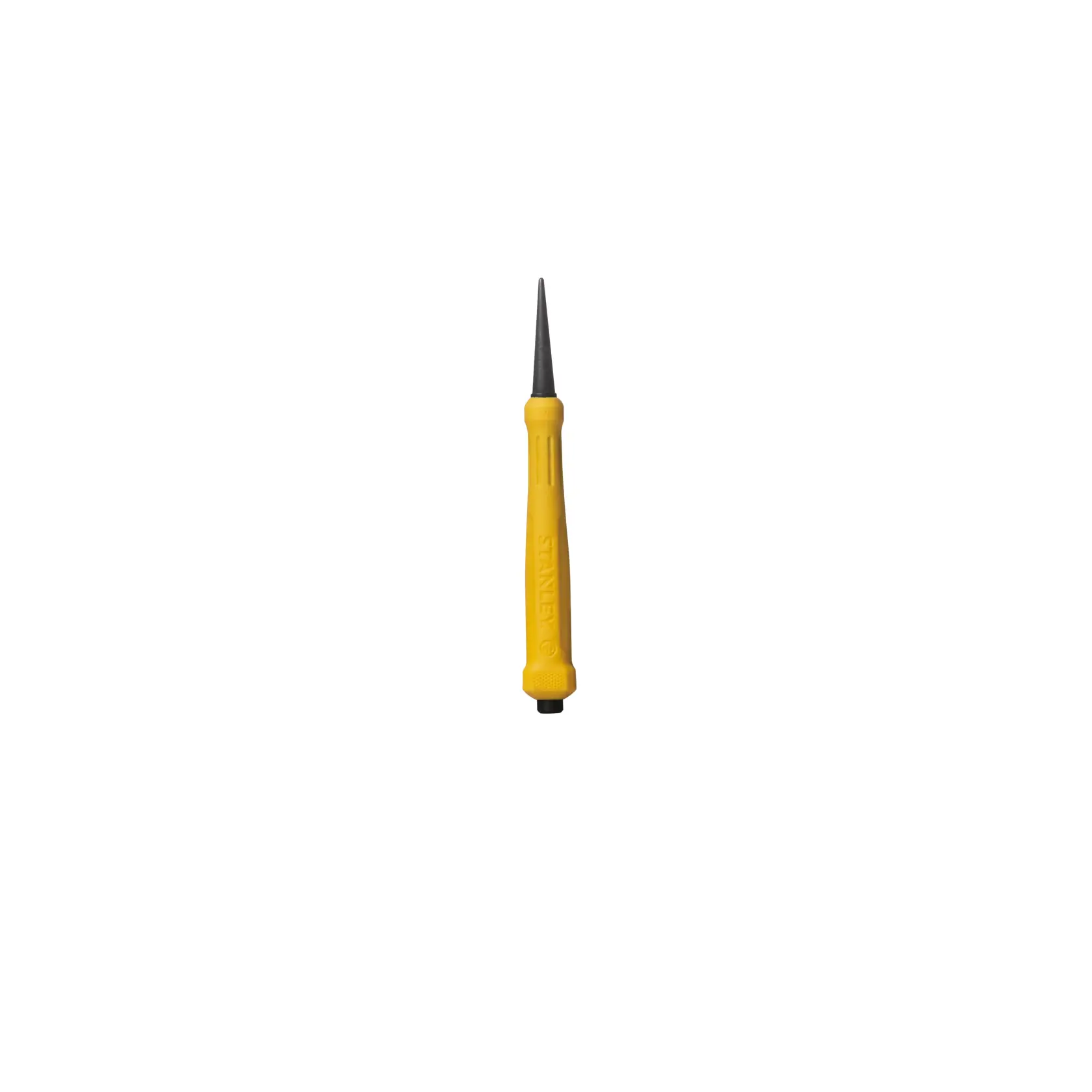 A Stanley punch tool with a yellow handle and a pointed metal tip, displayed against a white background.