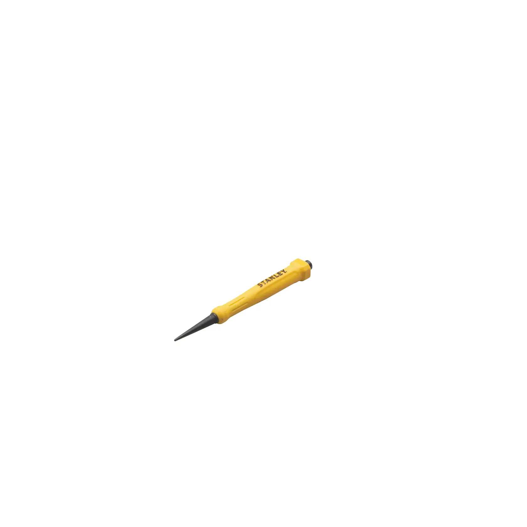 A yellow-handled punch tool with a pointed metal tip, used for marking or indenting surfaces, shown against a white background.