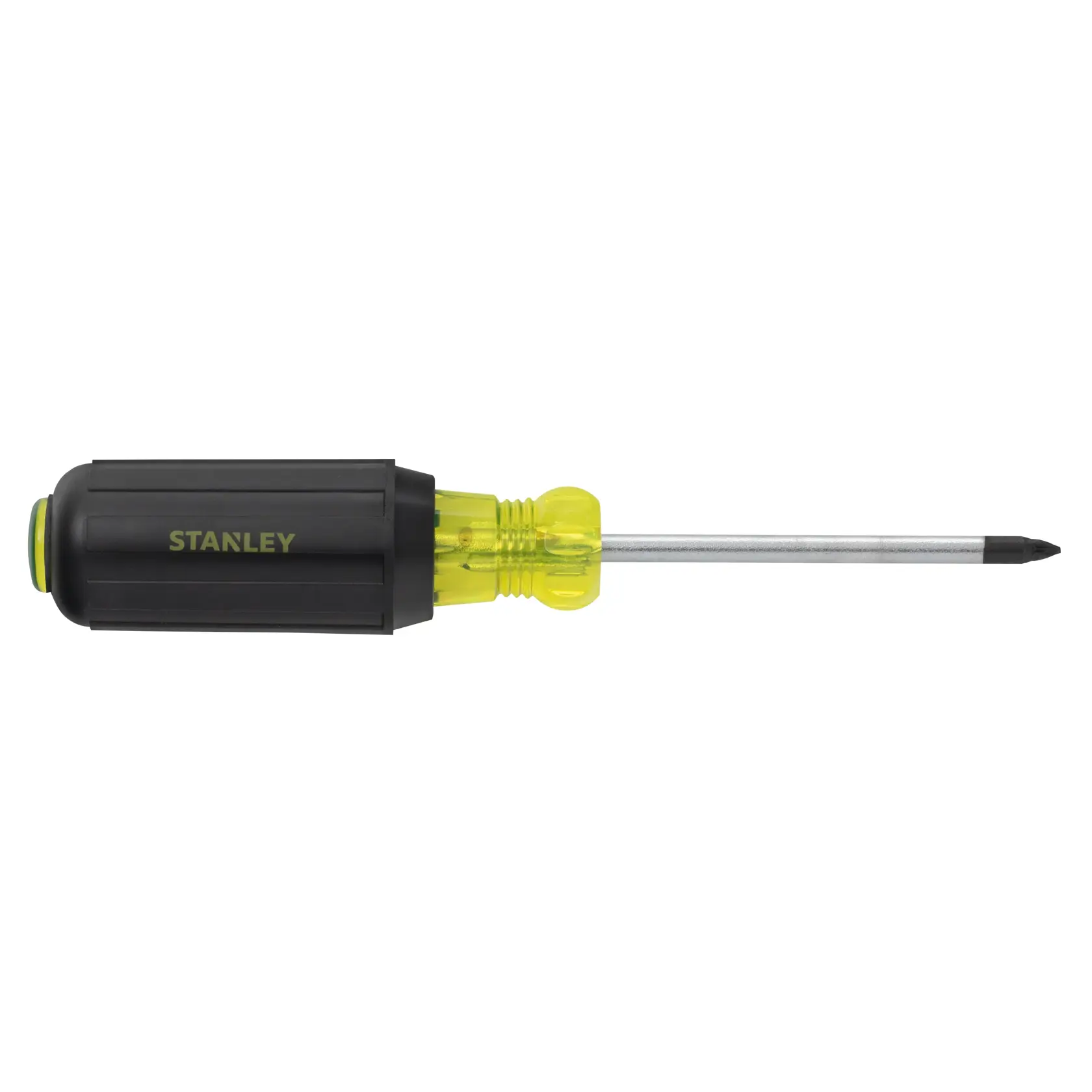 Photo of STANLEY 65-901 Phillips screwdriver with black and yellow handle, side angle on white background.