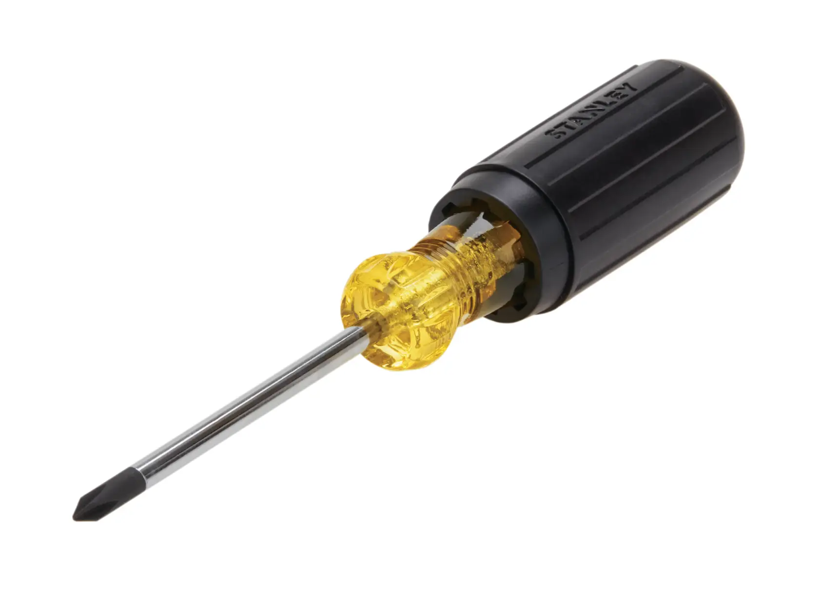 Stanley Phillips screwdriver, angled view, black handle and yellow translucent collar on white background