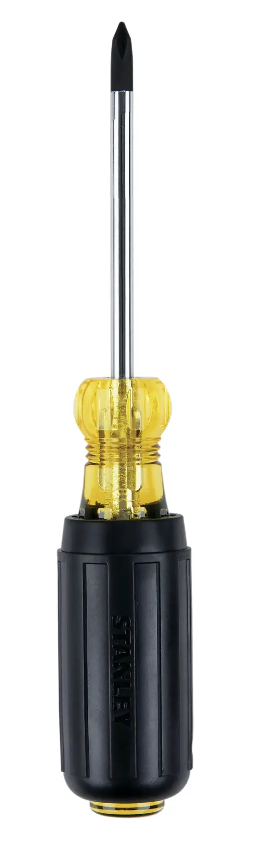 Stanley multi-bit screwdriver front view with yellow transparent and black handle on white background
