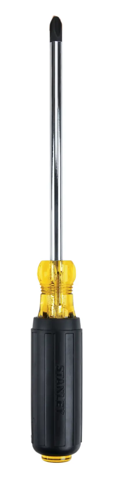 Stanley Phillips screwdriver with black and yellow handle, straight-on angle, white background
