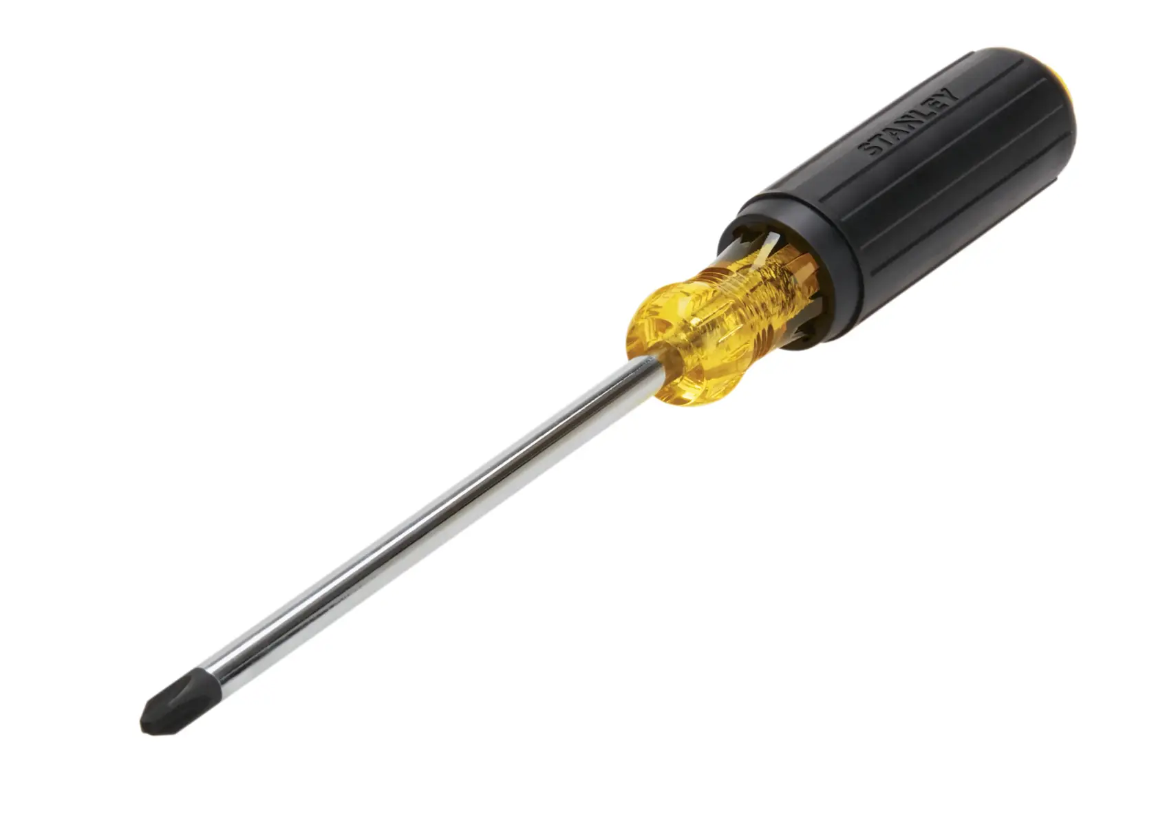 Stanley Phillips screwdriver with yellow and black handle, angled side view on white background.