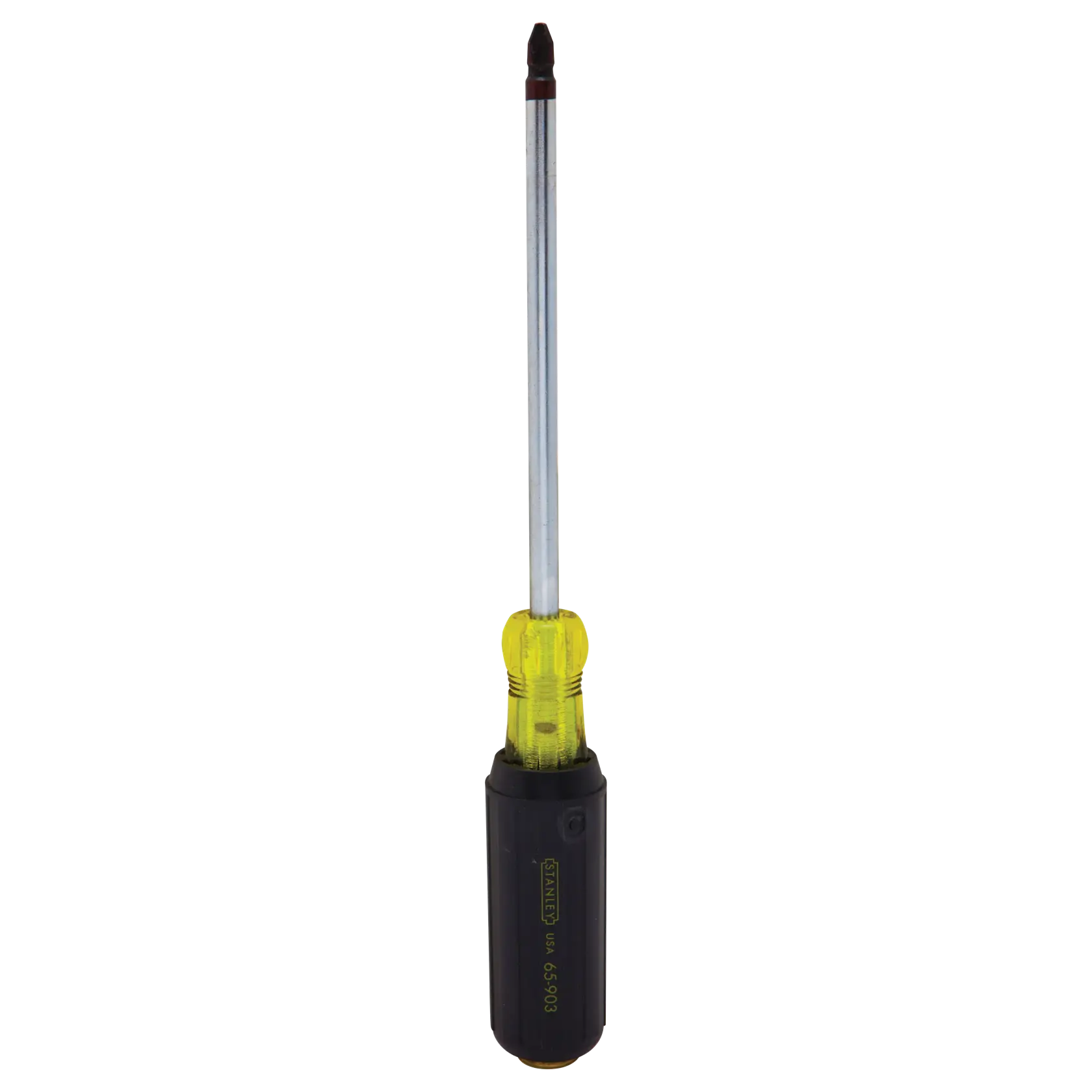 STANLEY 65-903 Phillips screwdriver with yellow transparent handle, photographed from the front on white background.