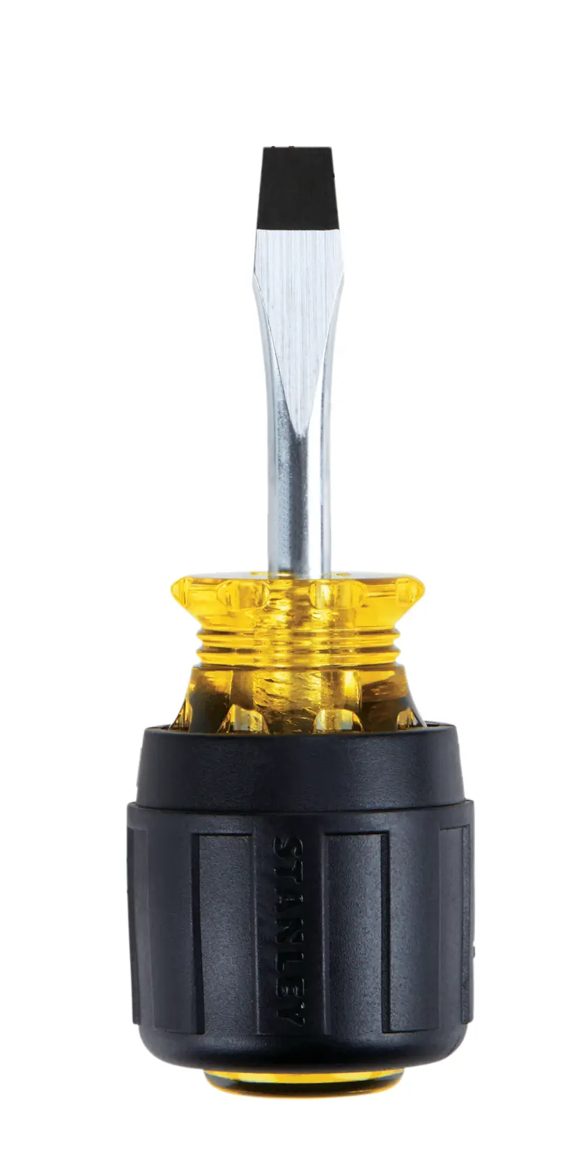 Front view of STANLEY stubby flathead screwdriver with yellow translucent handle and black grip on white background