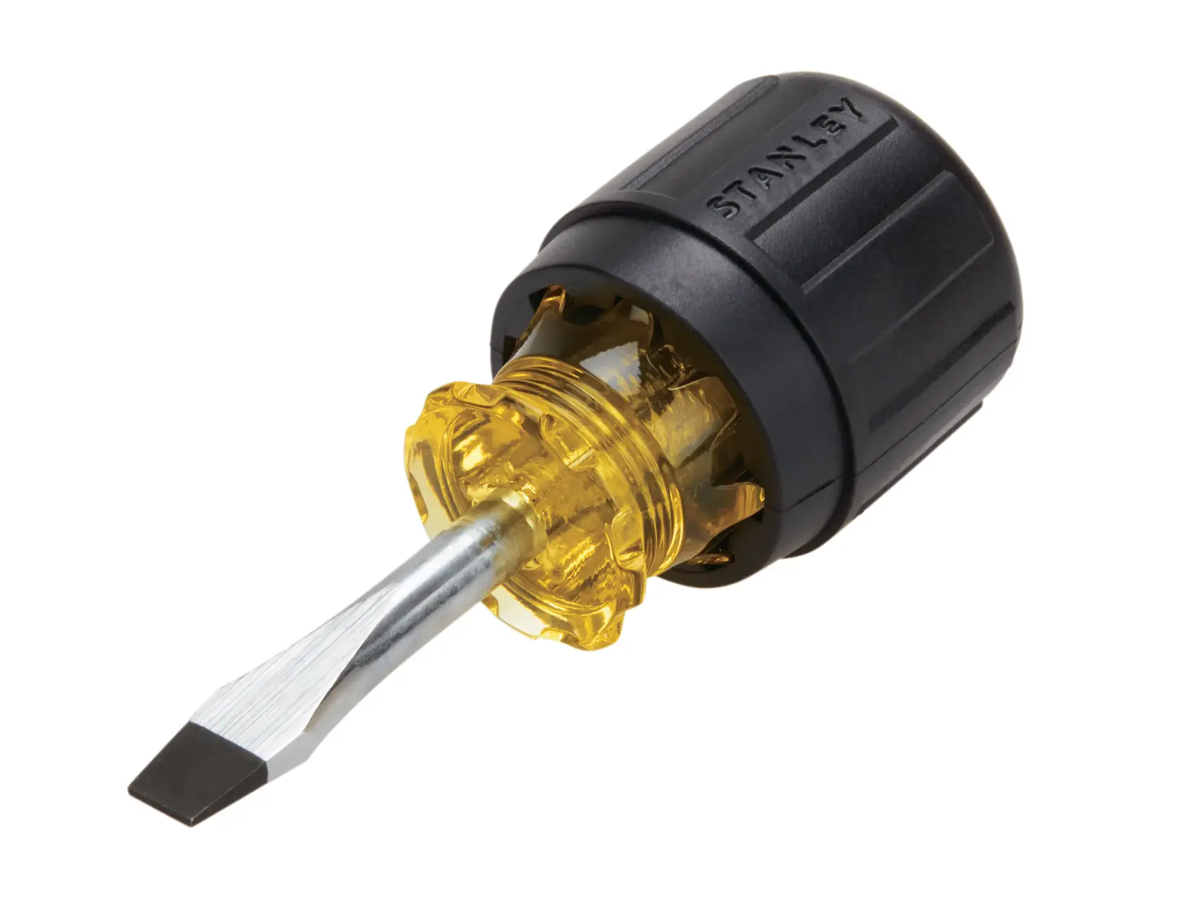 Stanley stubby flat-head screwdriver, angled shot, black and yellow handle, silver blade