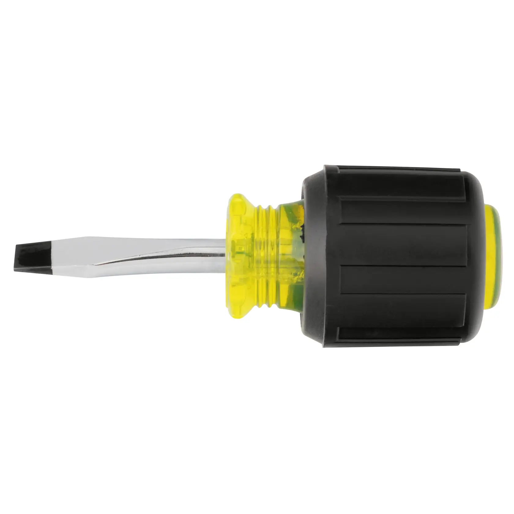 STANLEY 66-088 stubby flathead screwdriver, black and yellow handle, side angle, white background.