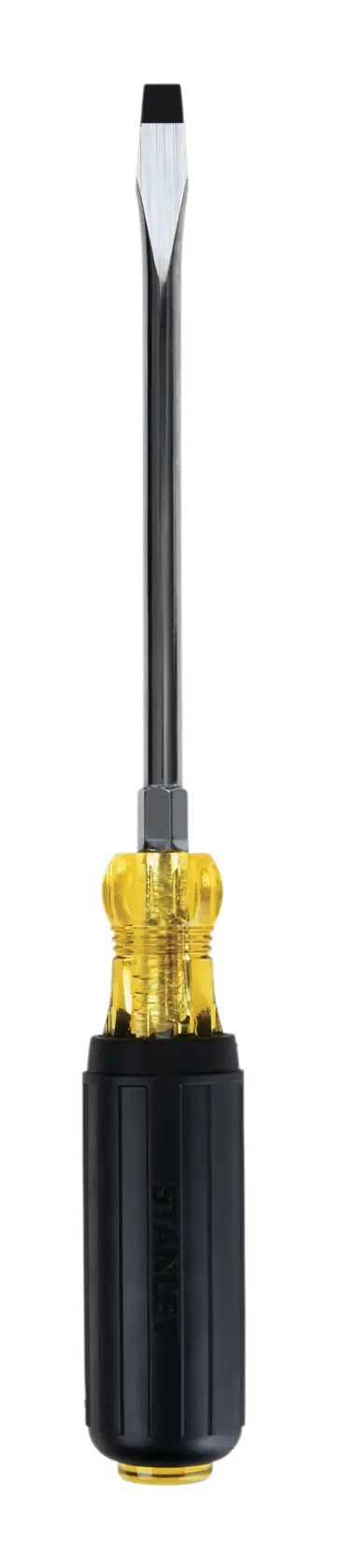 Stanley flathead screwdriver straight-on angle with clear yellow and black handle on white background