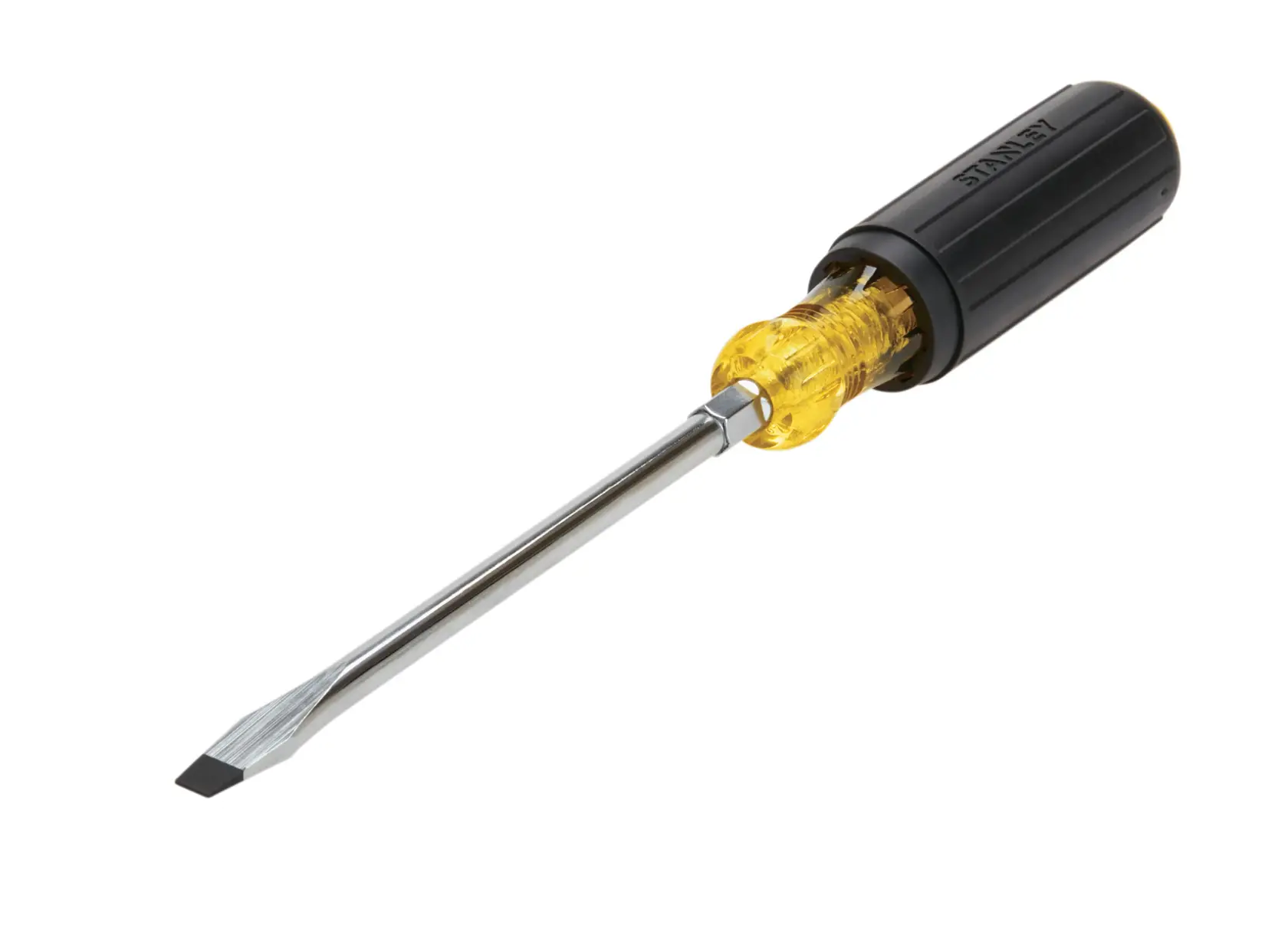 Stanley flathead screwdriver with yellow and black handle, angled product shot on white background