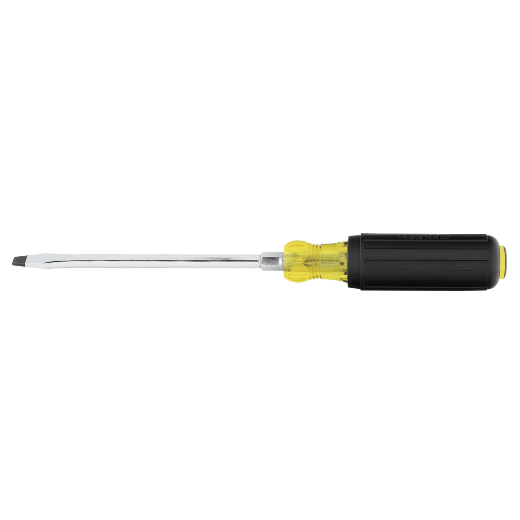 Stanley 66-091 flathead screwdriver with yellow and black handle, side view, on white background.