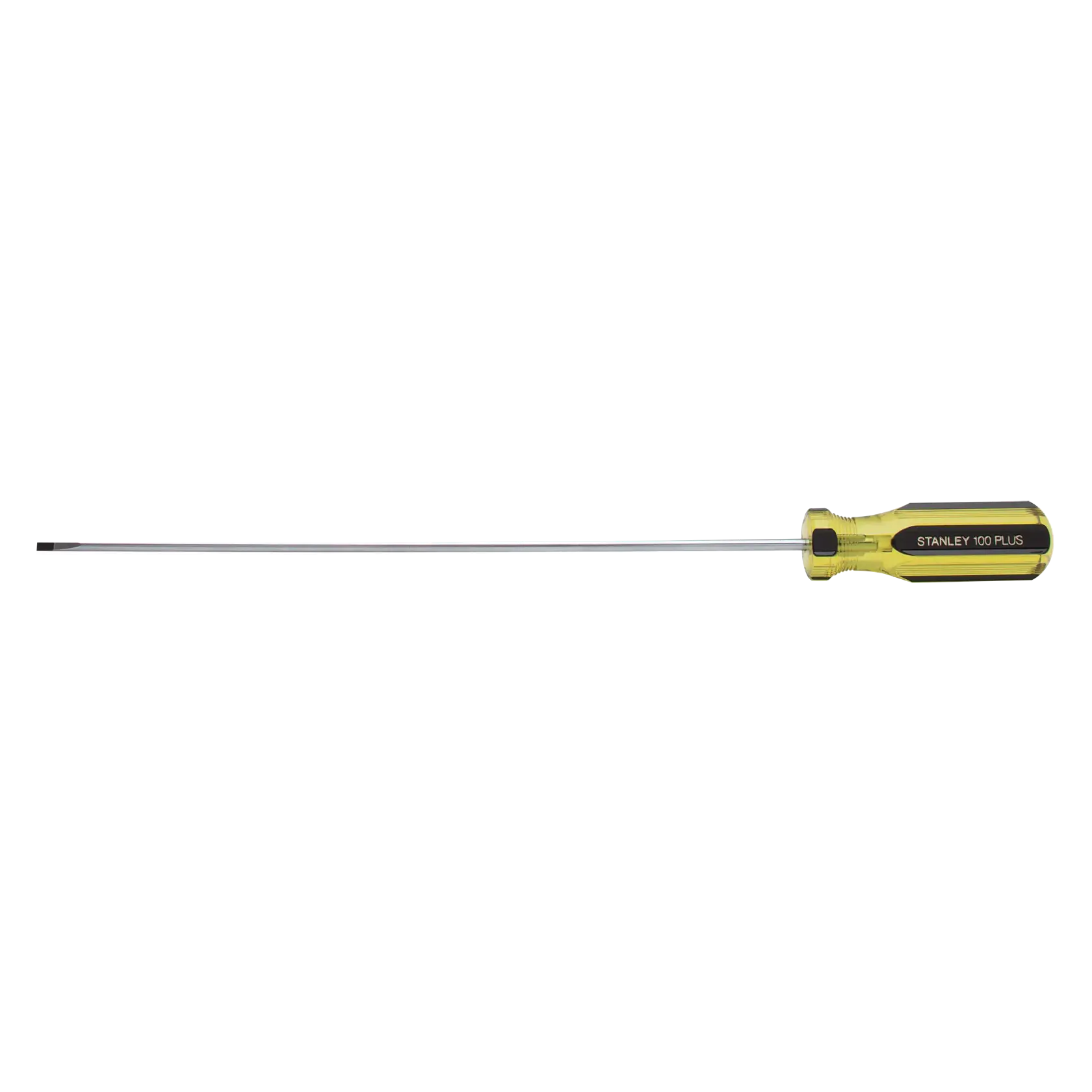 Stanley long flathead screwdriver with yellow and black handle, side view on white background.