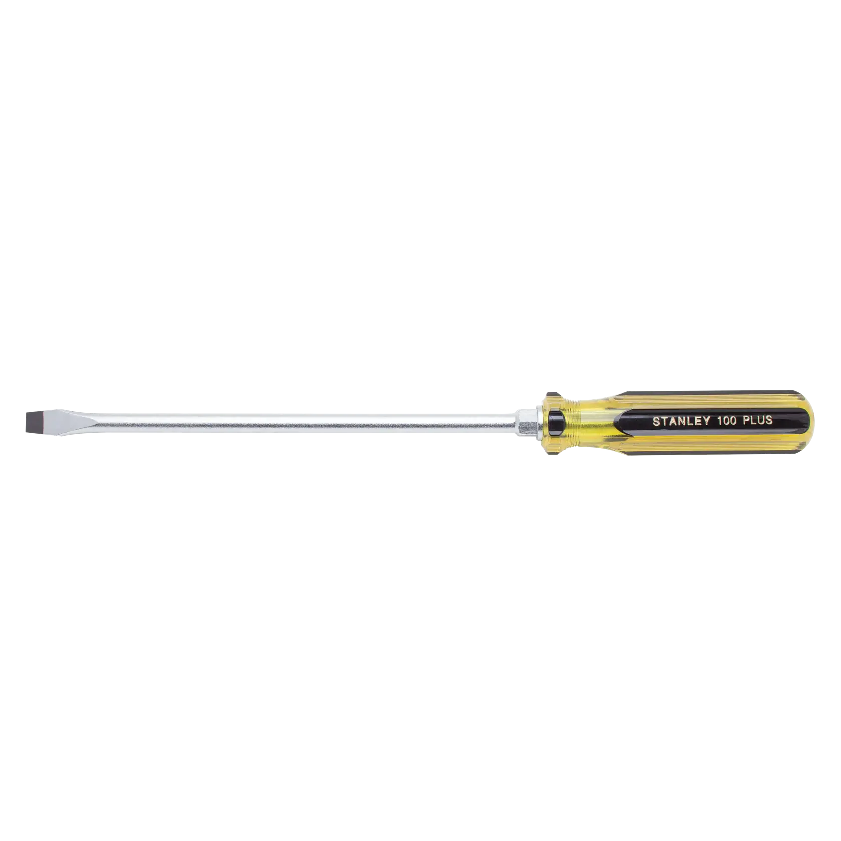 Stanley flathead screwdriver, side view, yellow and black handle, chrome shaft, white background