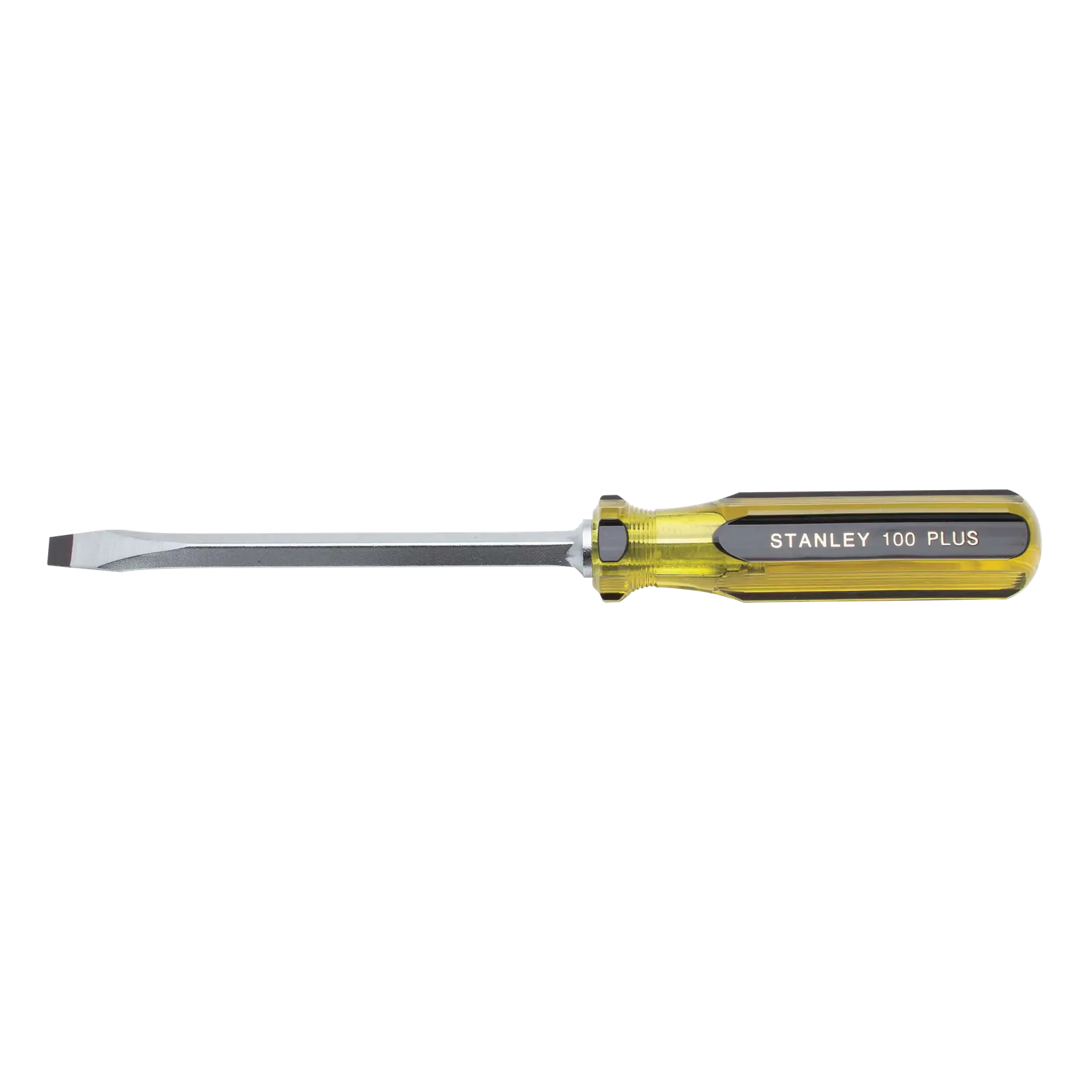 Stanley flathead screwdriver with yellow transparent handle, side view on white background