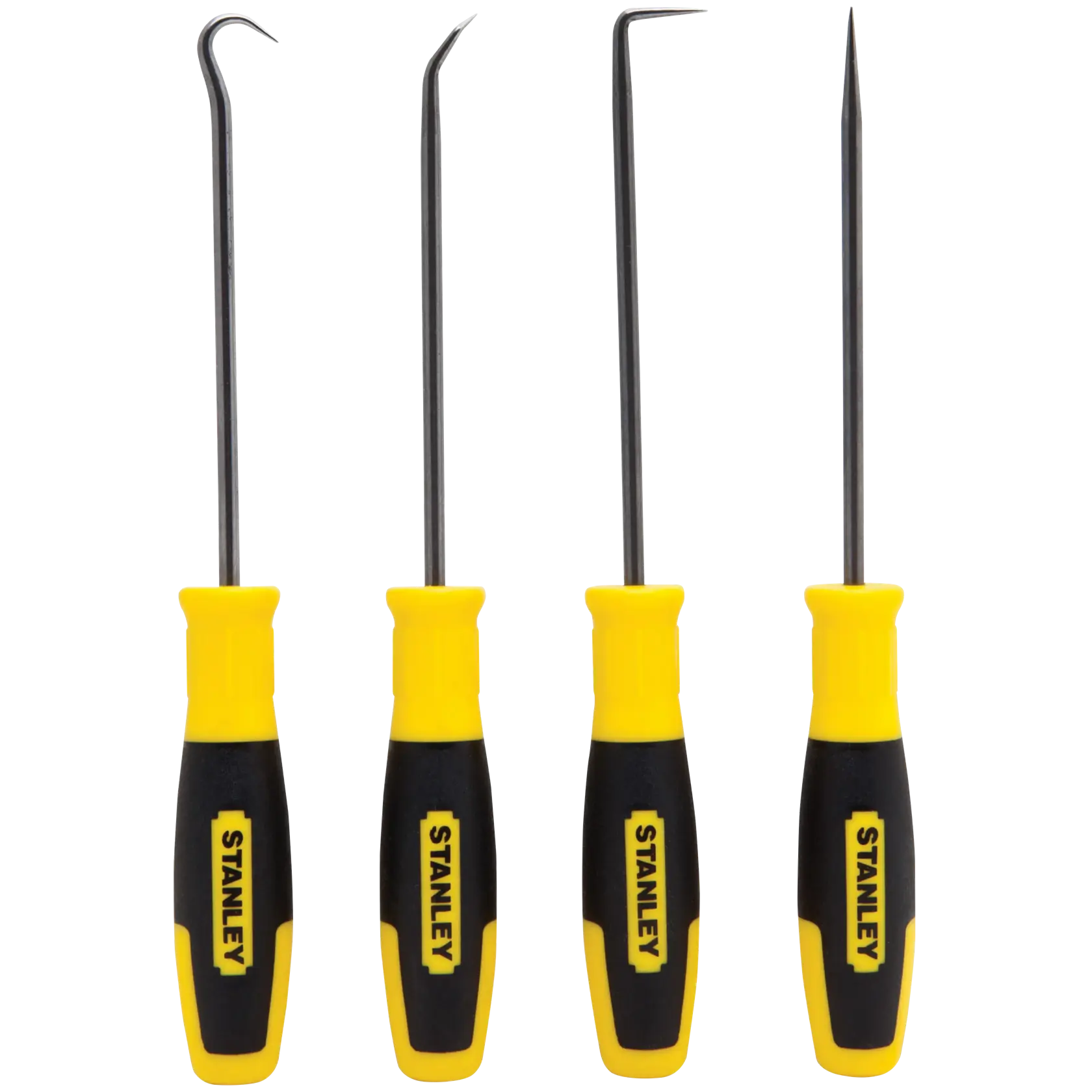 Photo of STANLEY SKU 82-115 pick and hook set, four tools with yellow and black handles, front view, white background.