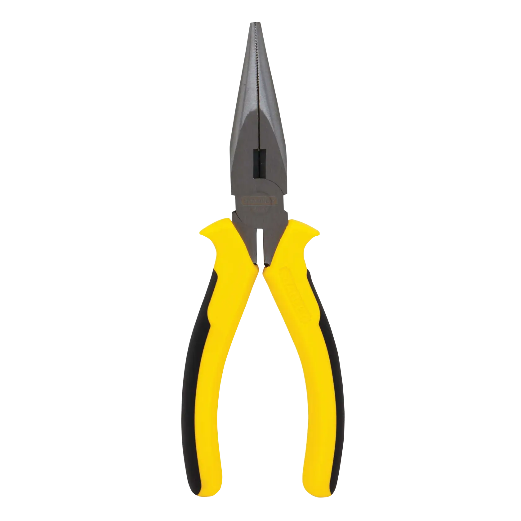 Stanley long nose pliers with yellow and black handles, front view on white background