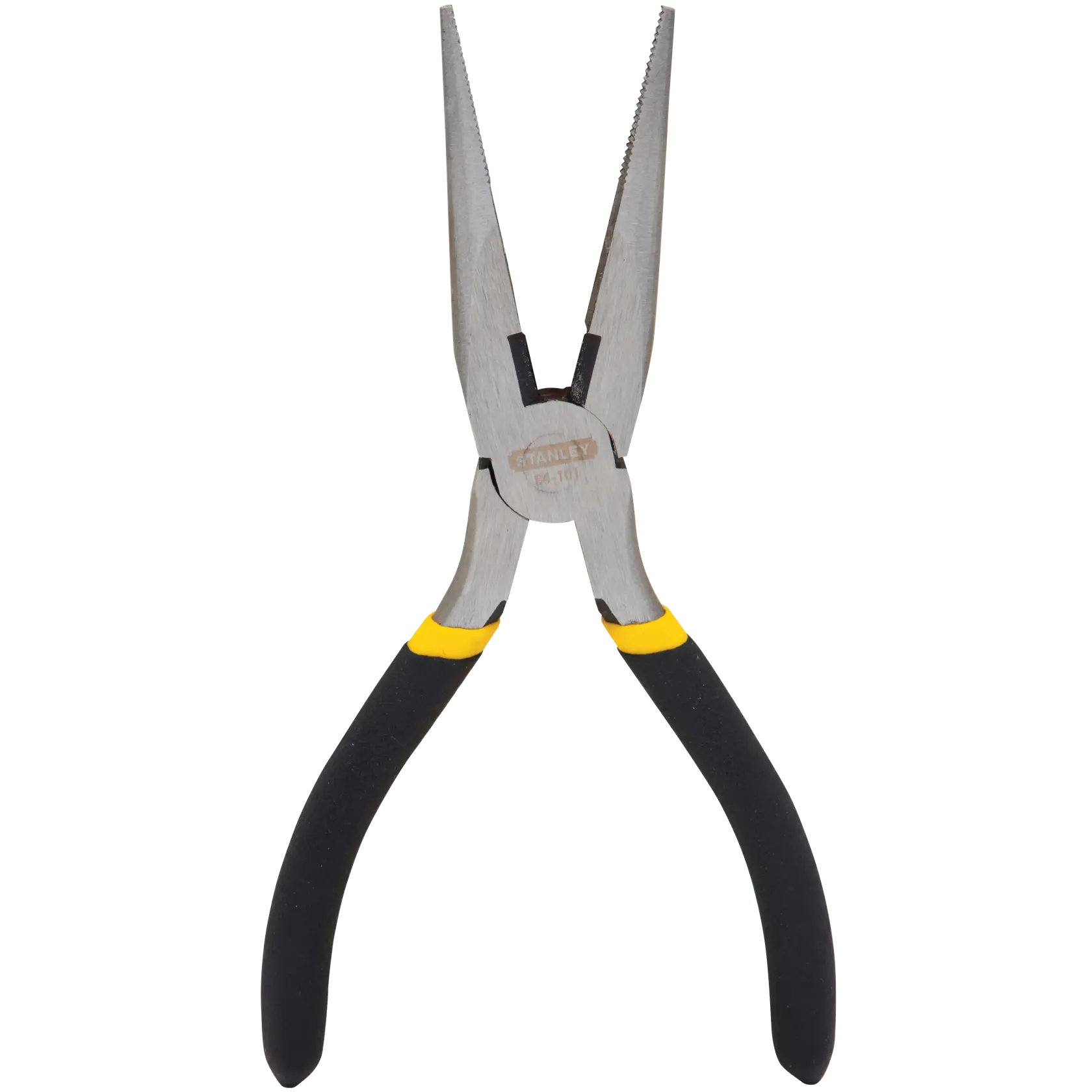 STANLEY 84-101 long nose pliers with black and yellow handles, side angle photo on white background.