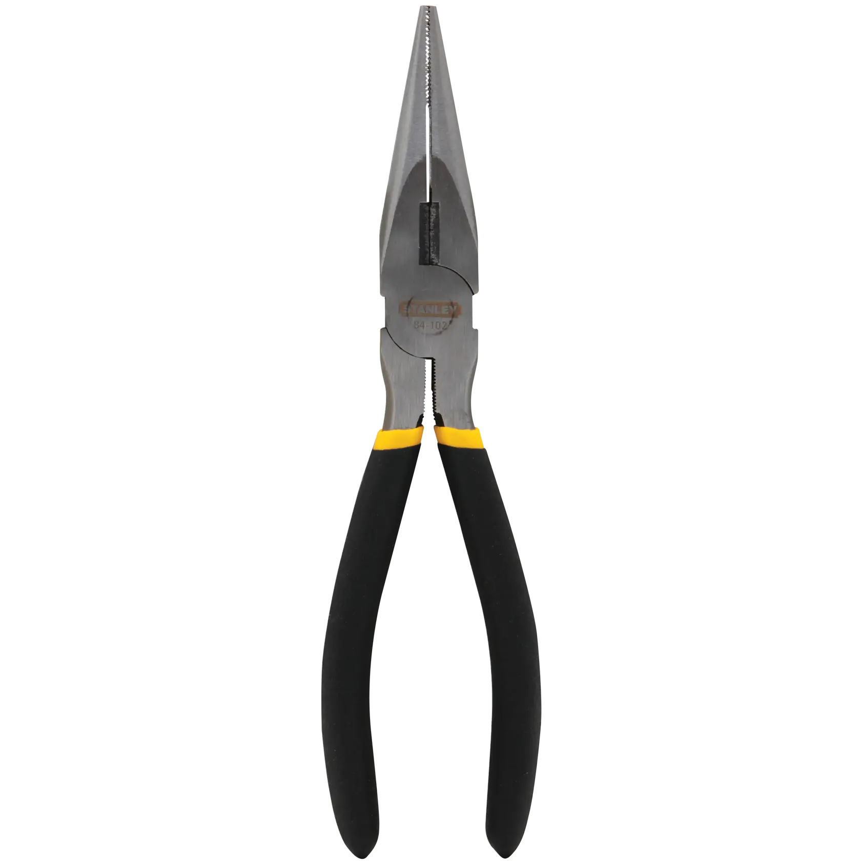 Stanley long nose pliers with black and yellow handles, front view on white background