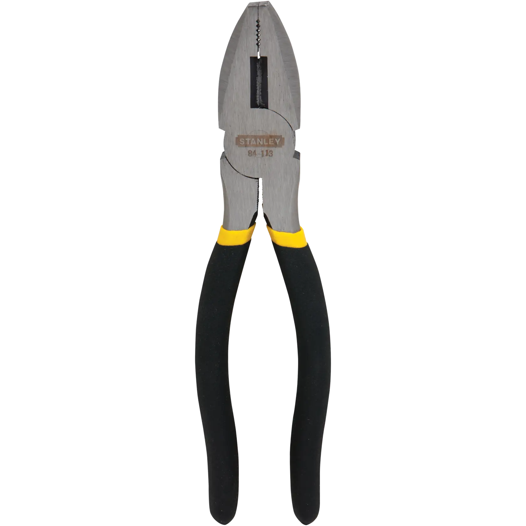 Stanley lineman's pliers front view, steel jaws, black handles with yellow accents, white background