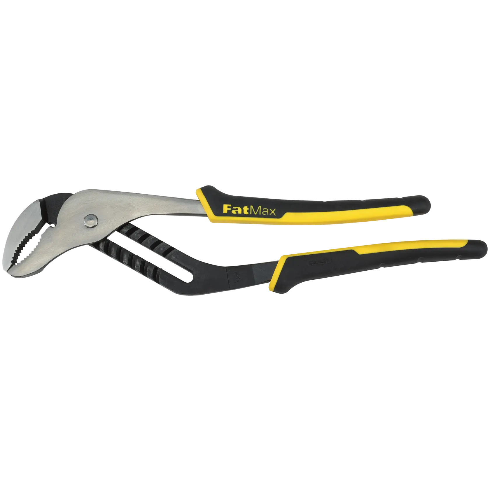 Stanley FatMax groove joint pliers with black and yellow handles, side angle on white background