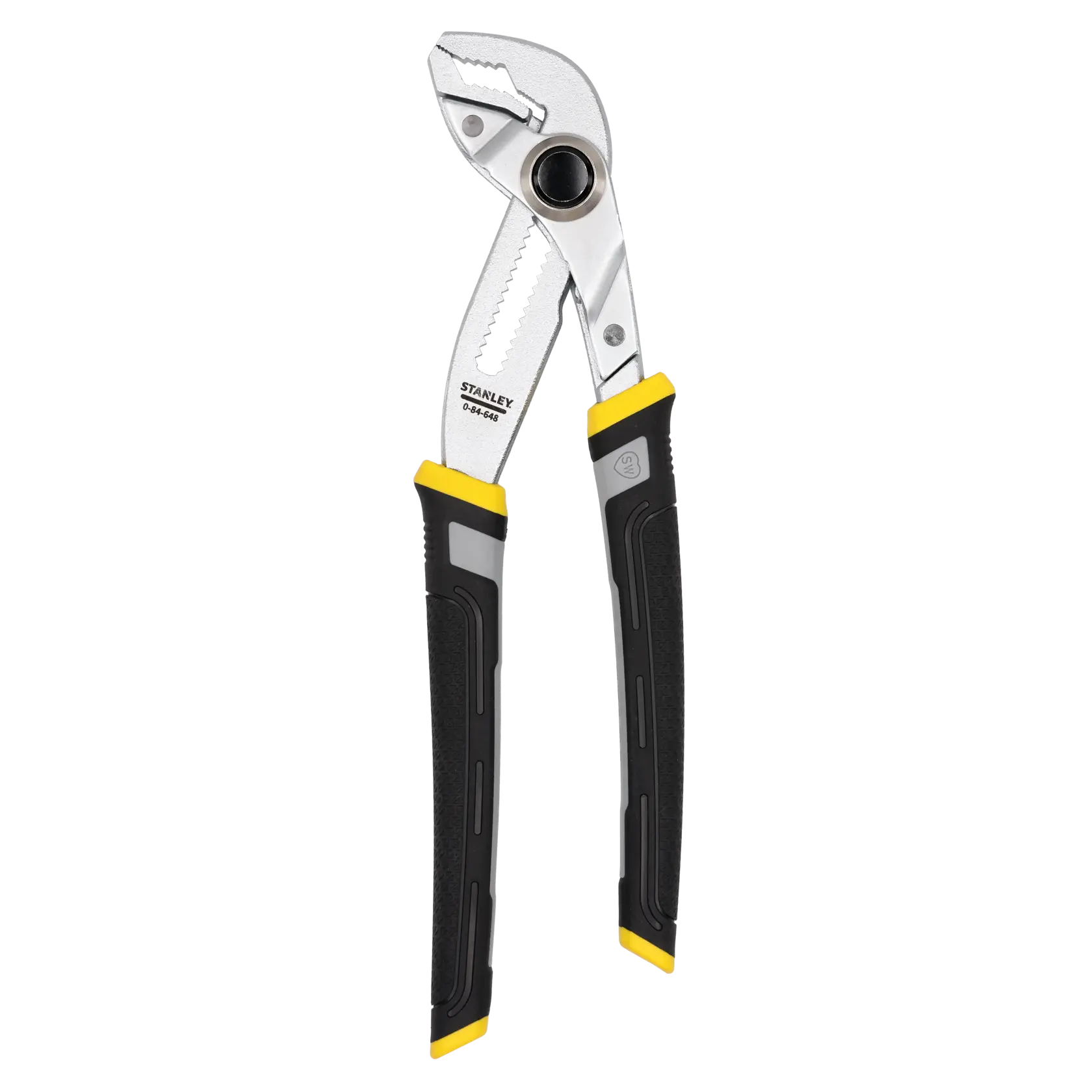 Stanley FatMax adjustable water pump pliers with black and yellow handles. The jaws are serrated for gripping, and the tool has a sliding adjustment mechanism.