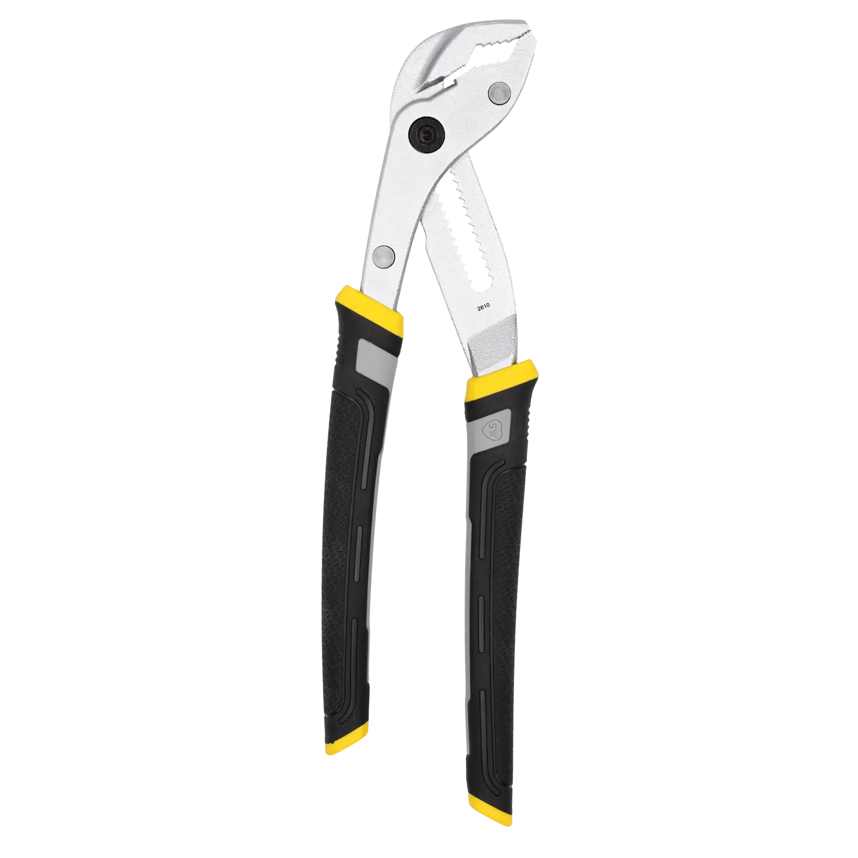 A pair of adjustable groove joint pliers with black and yellow handles, designed for gripping and turning objects.