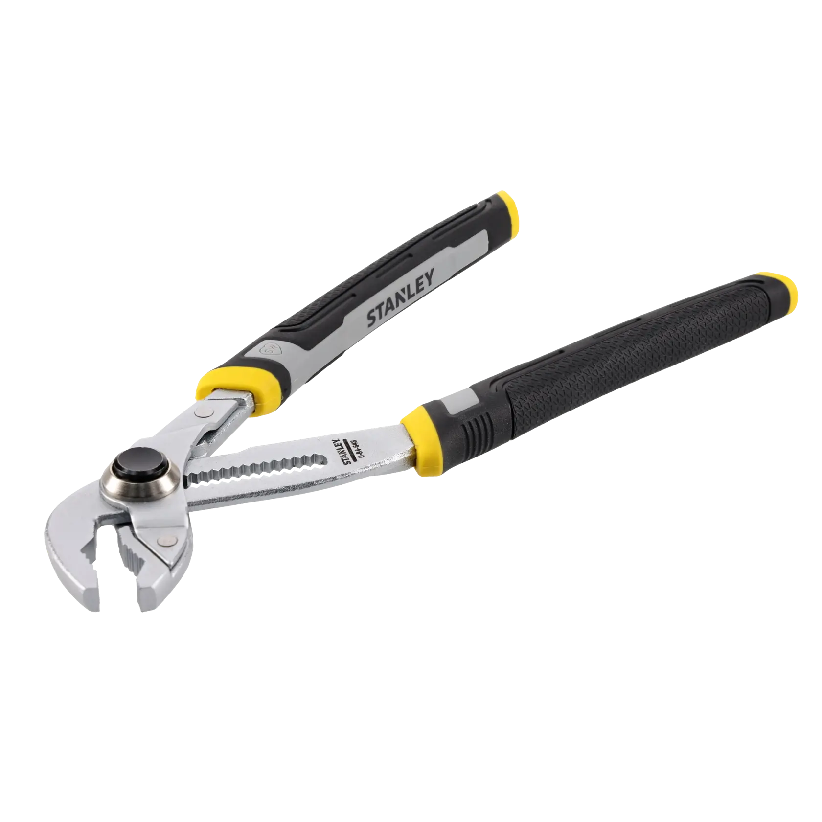 A pair of adjustable pliers with black and yellow handles, branded STANLEY, shown against a white background.