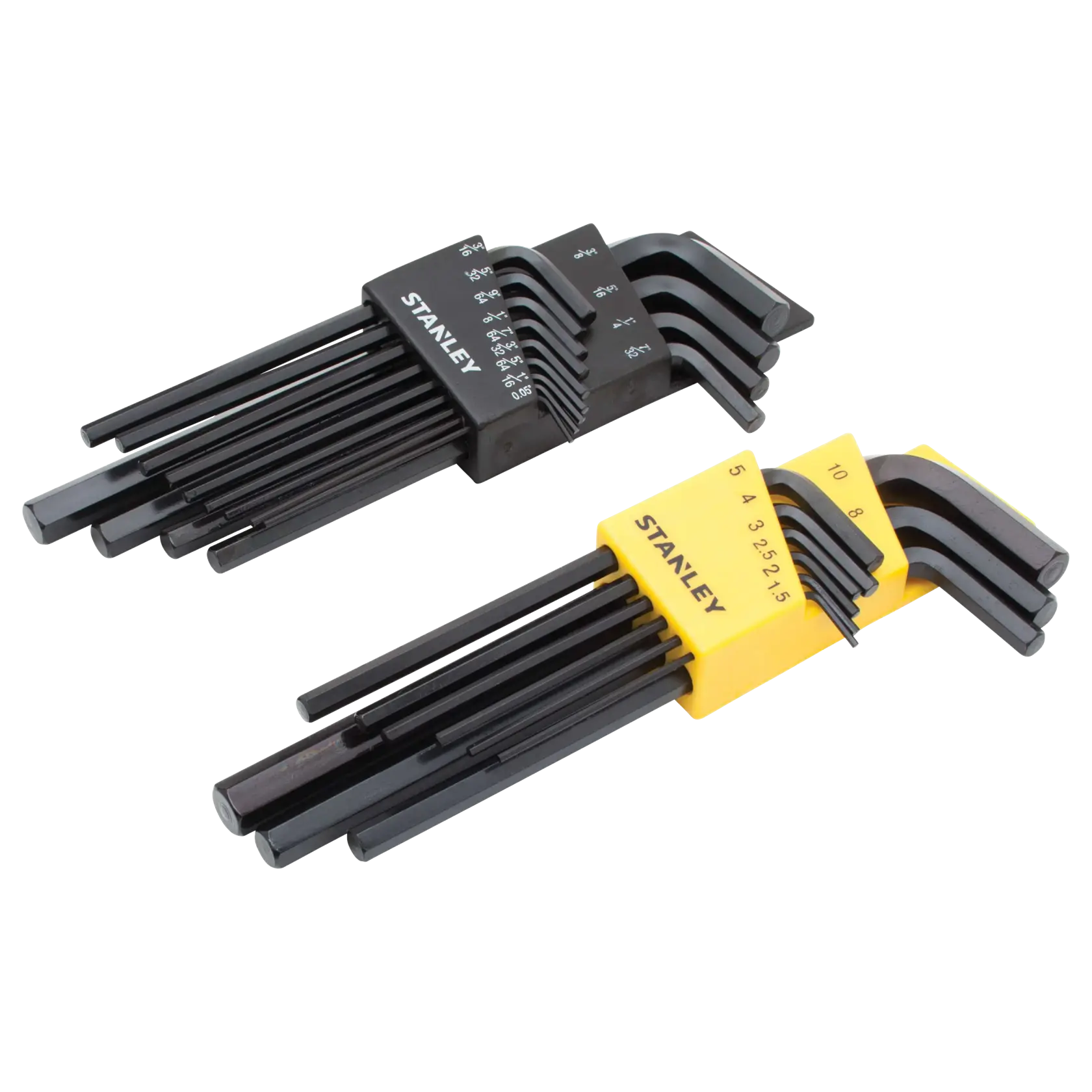 STANLEY hex key set with black and yellow holders, assorted sizes, angled heads, white background, side view