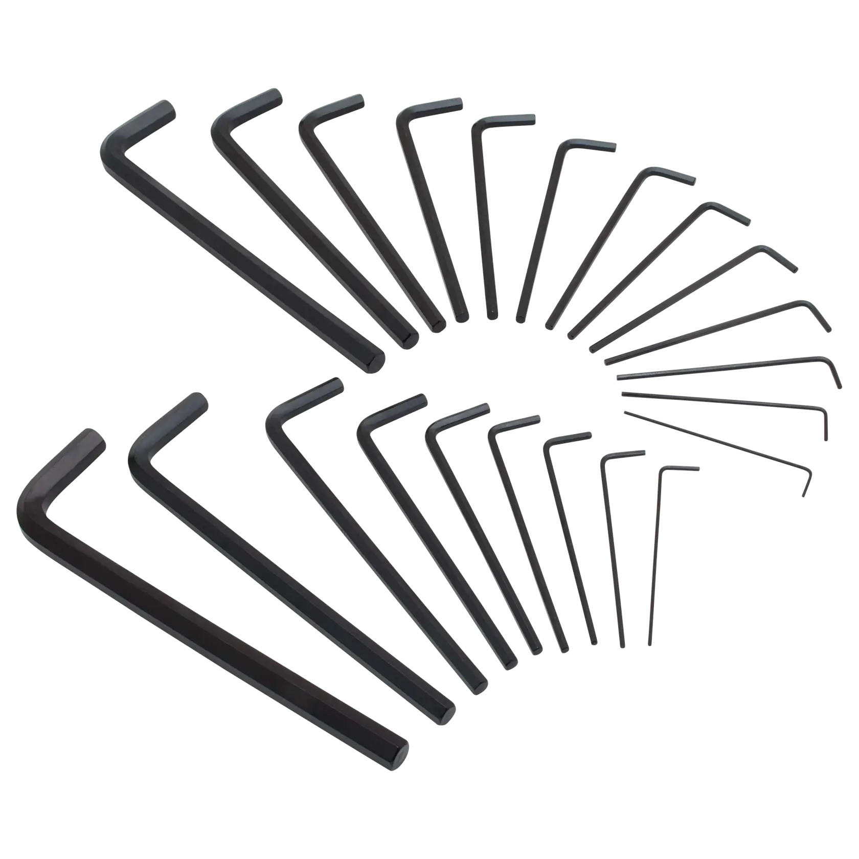 STANLEY 85-753 hex key set assortment, black finish, arranged in a fan pattern, photographed on white background.