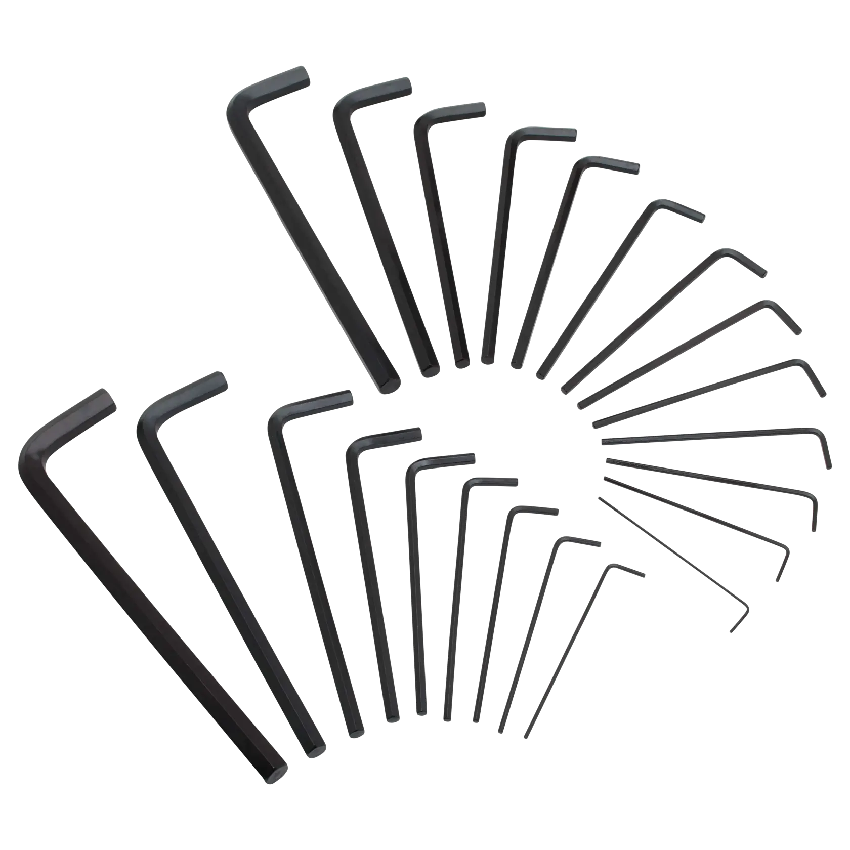 Stanley hex key set in various sizes arranged in a semi-circle, white background, top-down view
