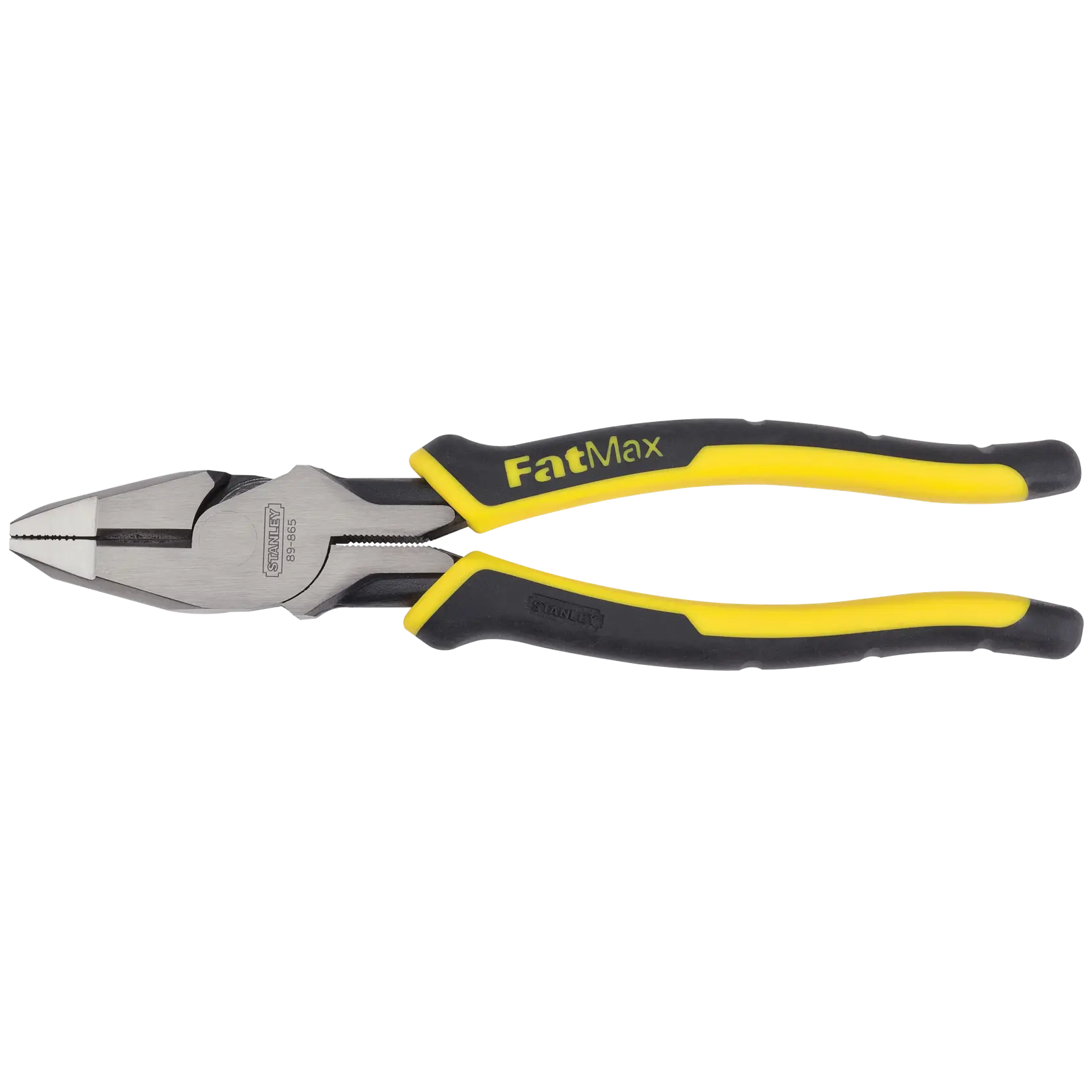 Stanley FatMax lineman's pliers with black and yellow ergonomic handles, side angle on white background