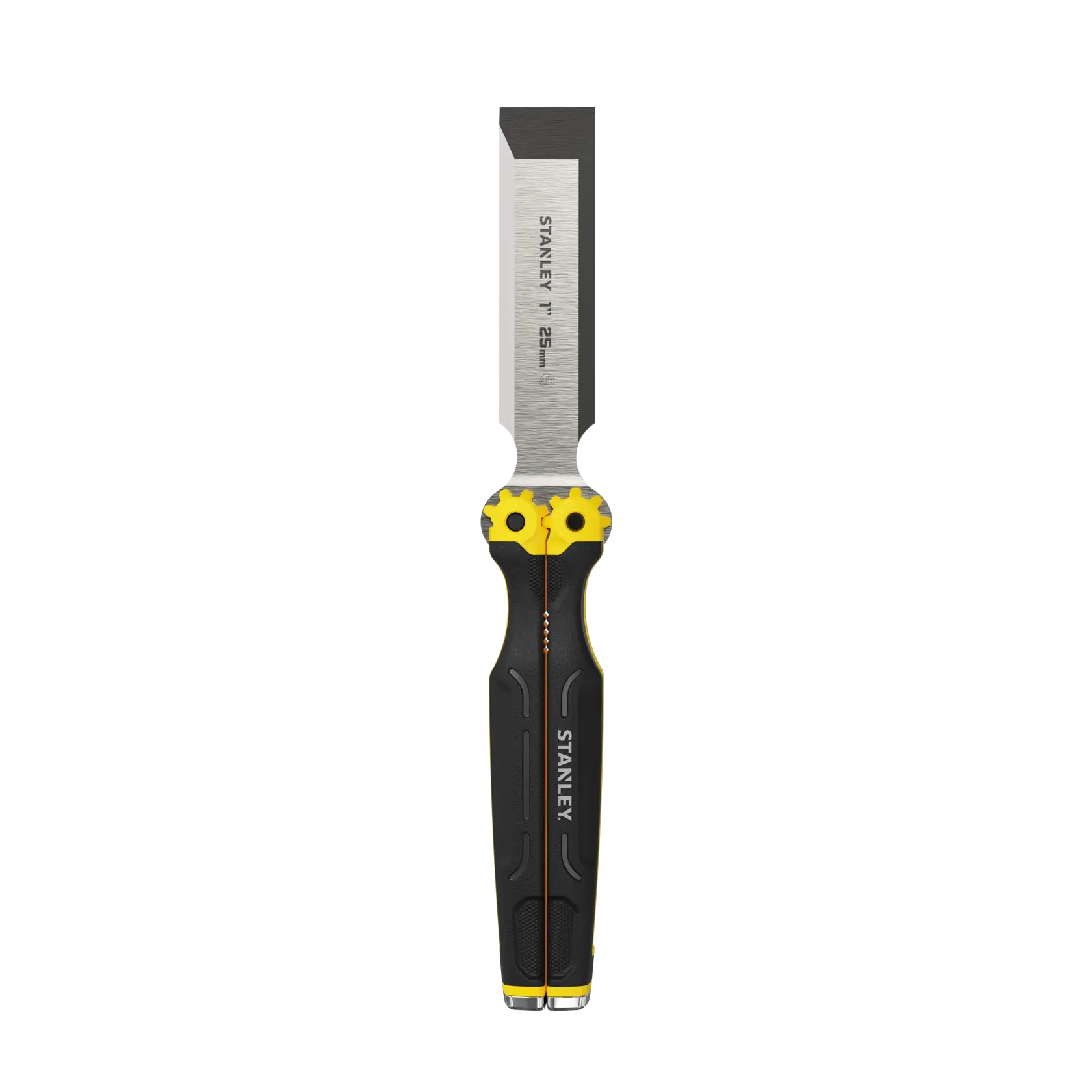 A STANLEY FMHT16145 25mm chisel with a black and yellow ergonomic handle, designed for woodworking and carpentry tasks. The blade is straight and has a beveled edge.