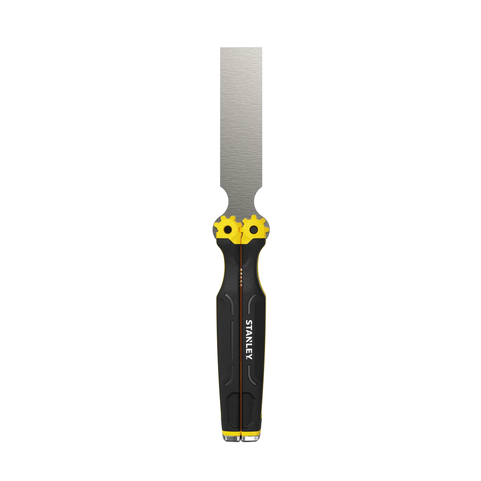 A Stanley FMHT16145 multi-purpose tool with a black and yellow handle and a flat metal blade. The tool is designed for scraping and prying, often used in construction or repair work.