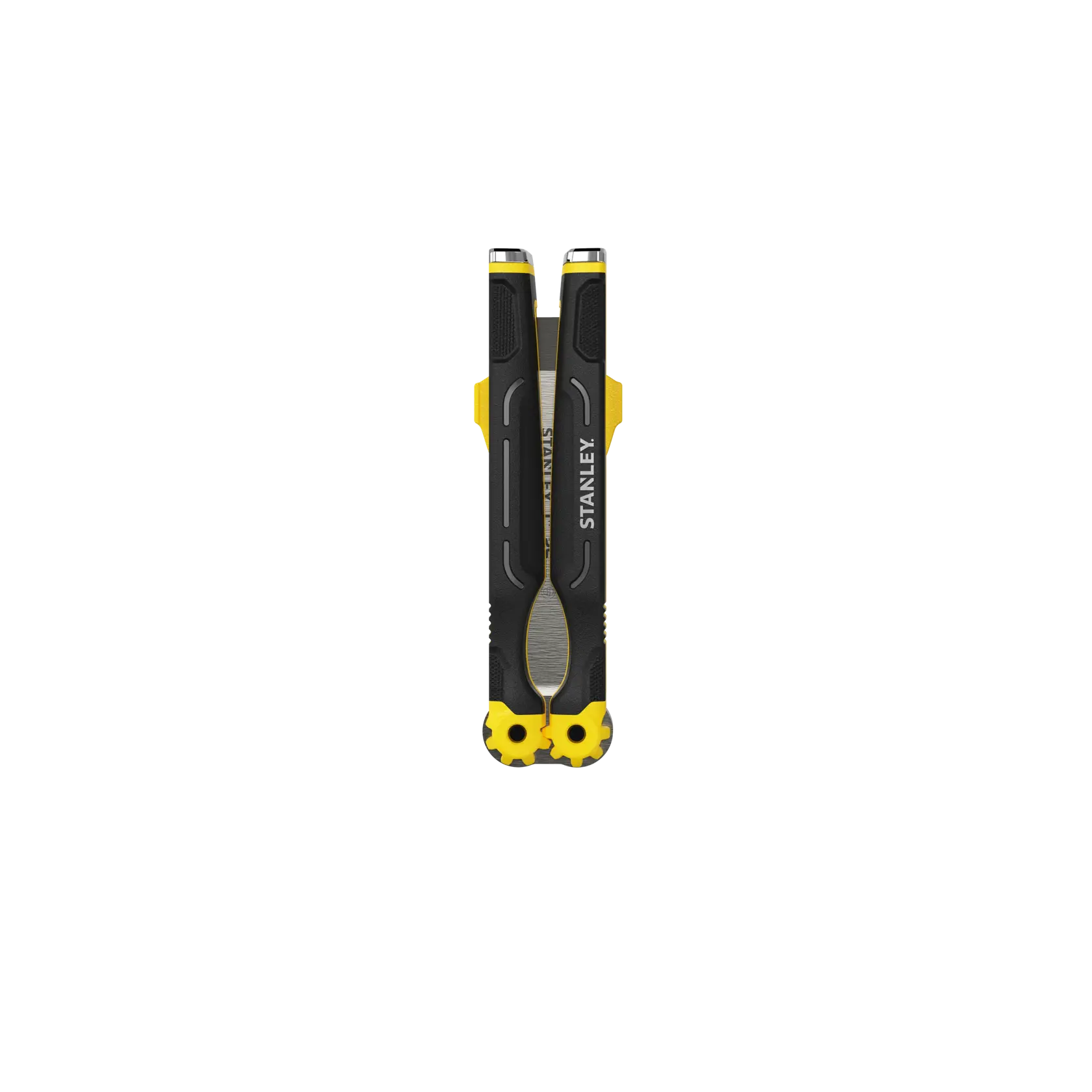 A Stanley branded black and yellow multi-bit screwdriver tool, shown closed and upright on a white background.