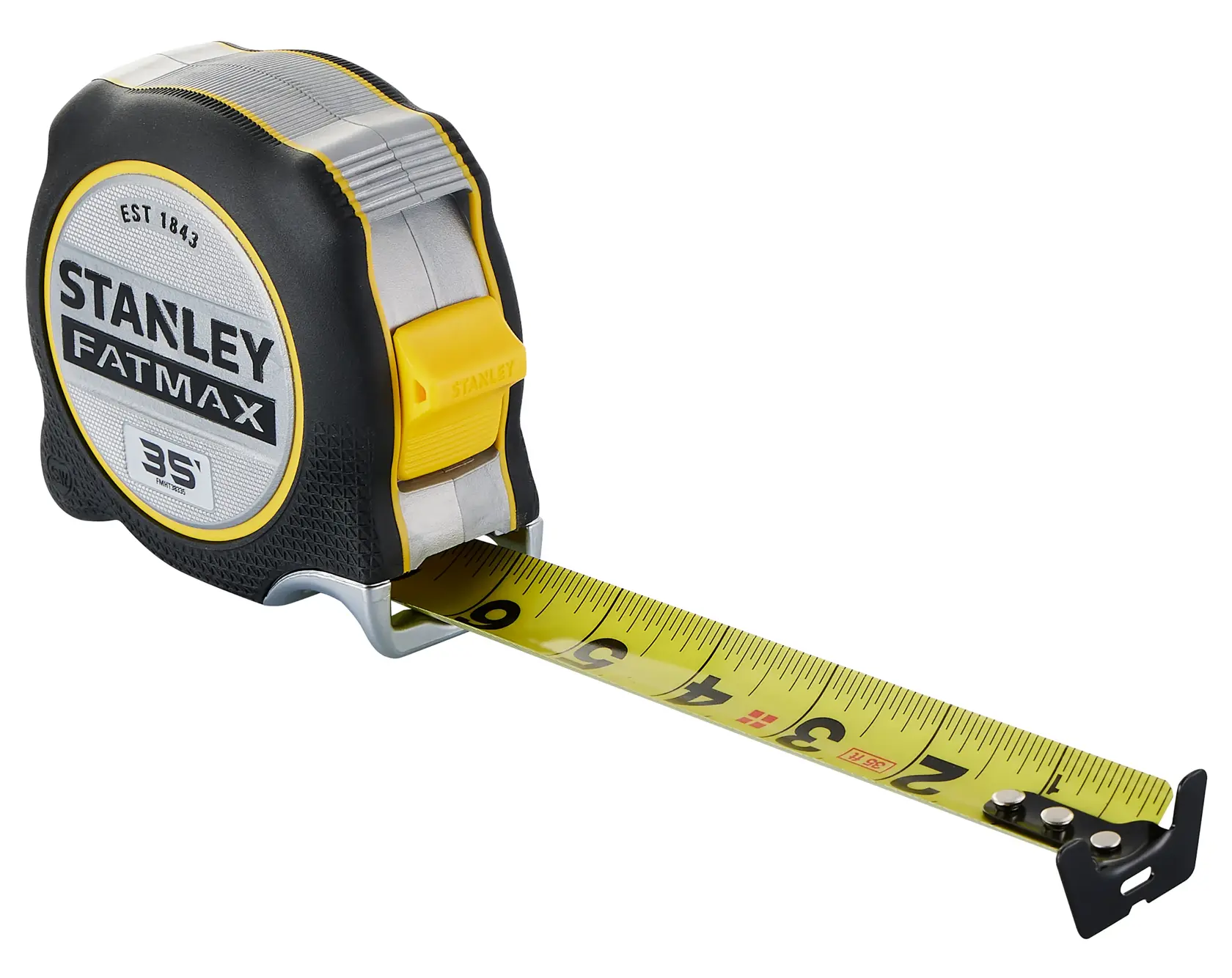 STANLEY FMHT38335S tape measure, FATMAX series, 35 ft, yellow blade, angled product photo.