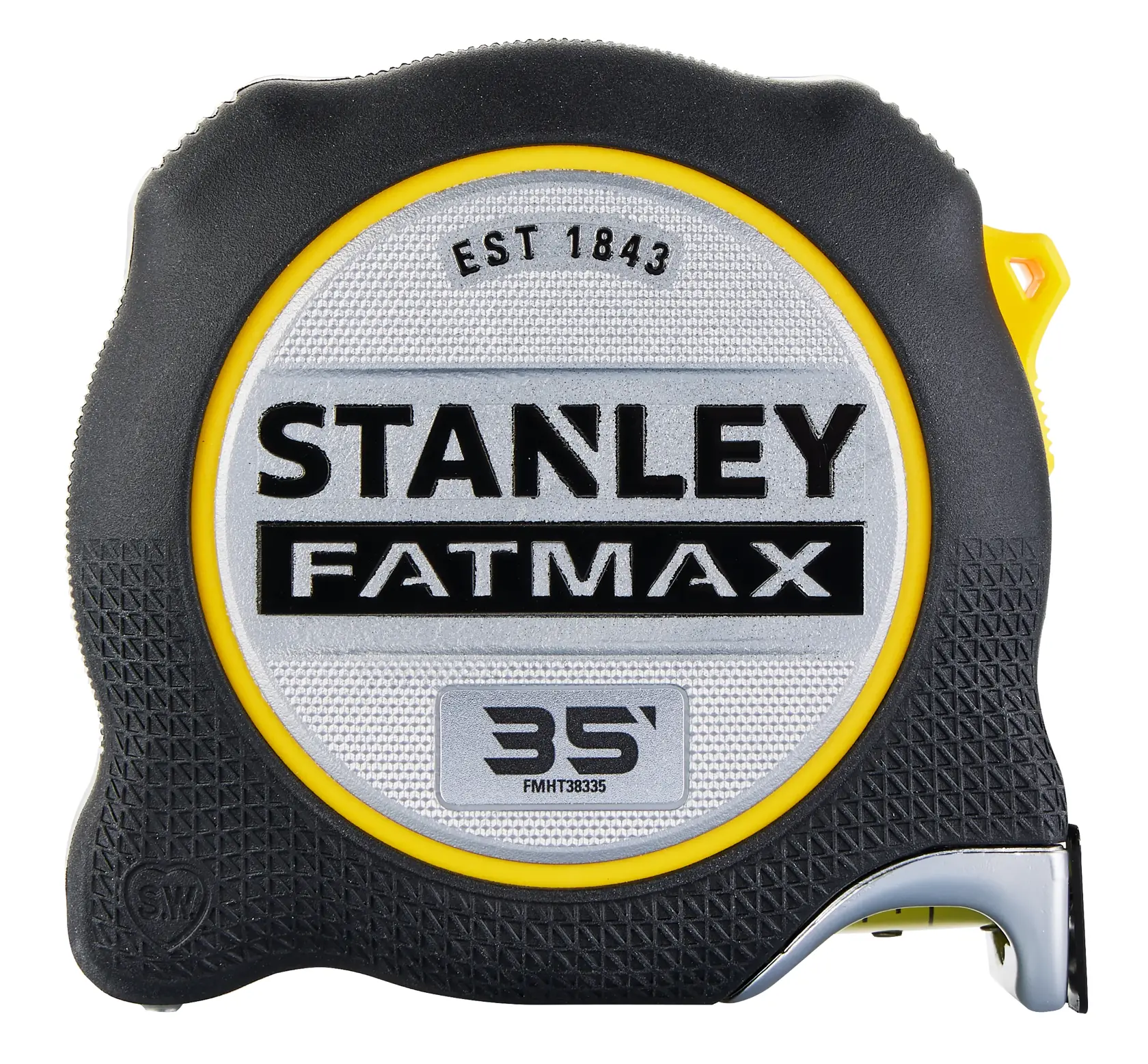 Photo of STANLEY FMHT38335S FatMax 35-foot tape measure, front angle, black and silver casing with yellow accents.