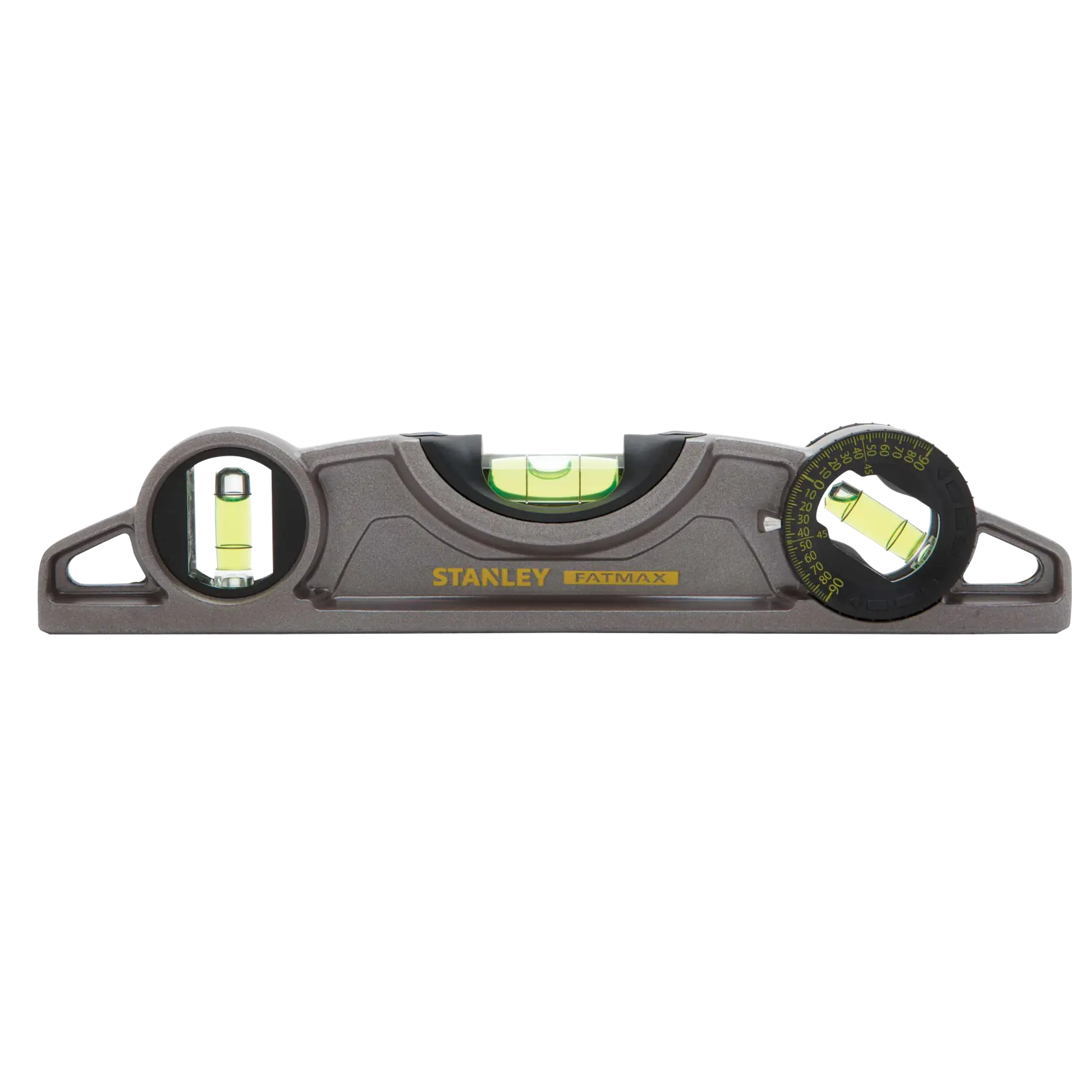 Stanley FatMax spirit level front angle, gray body with three yellow-green bubble vials and measurement marks