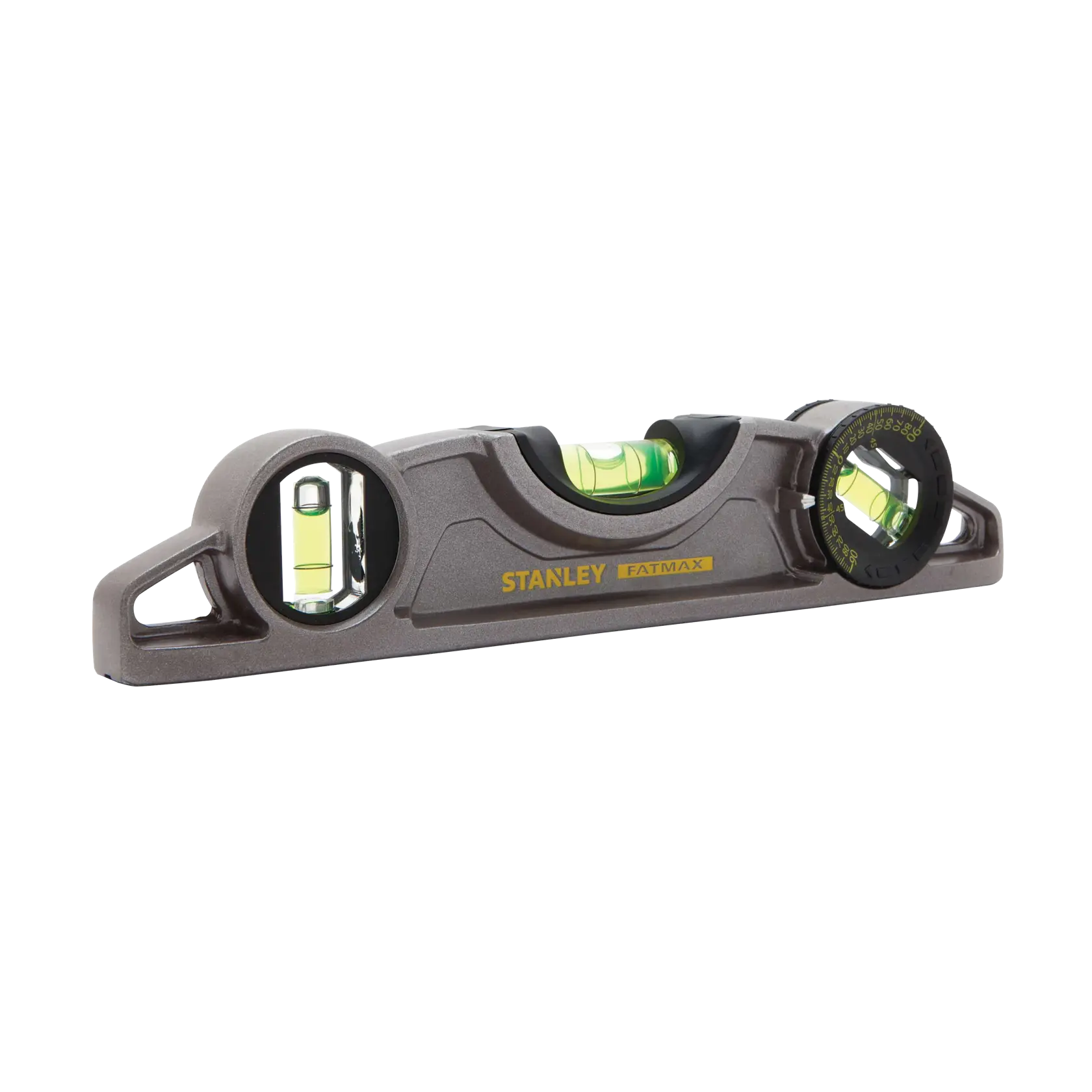 Stanley FATMAX torpedo level with three vials, gray body, angled side shot on white background