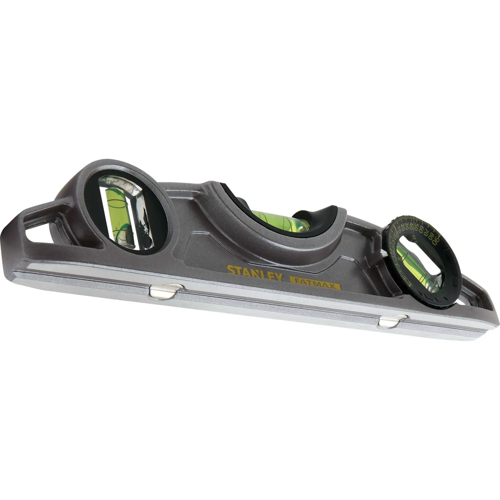 Photo of STANLEY FatMax FMHT43610 torpedo level, gray body, three vials, side angle on white background.
