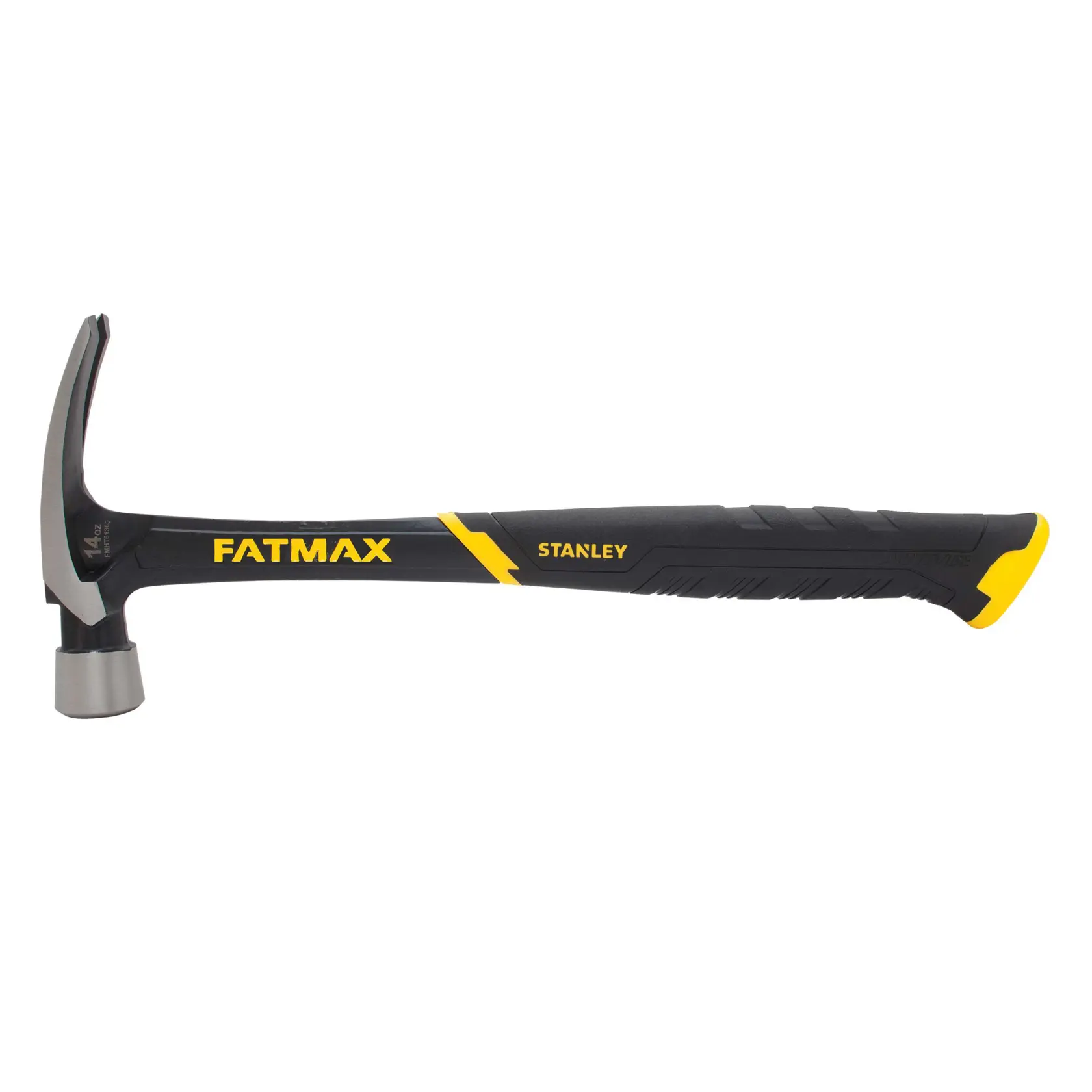 STANLEY FMHT51305 claw hammer, black and yellow handle, photography side angle on white background.