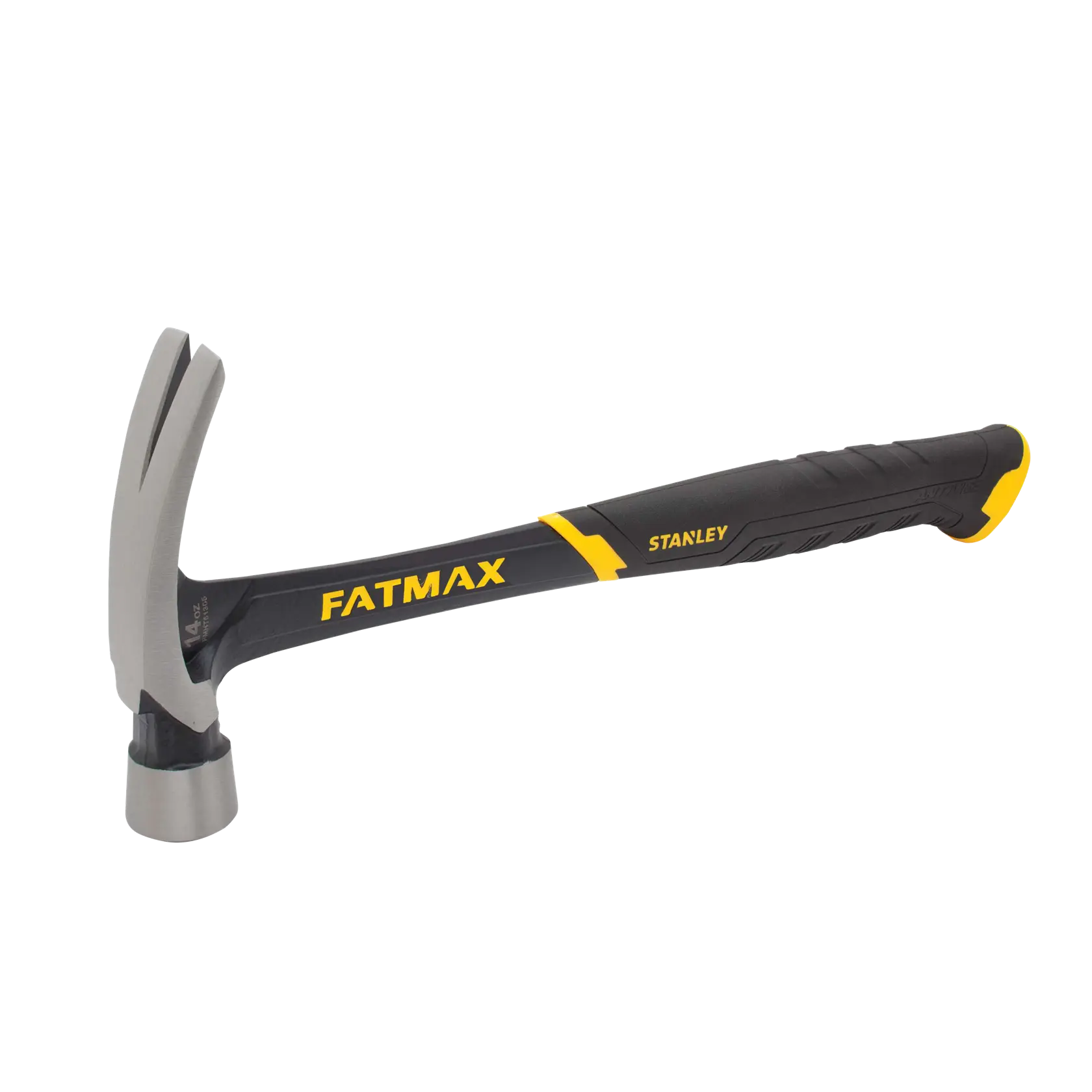 STANLEY FMHT51305 claw hammer, black and yellow handle, side angle on white background.