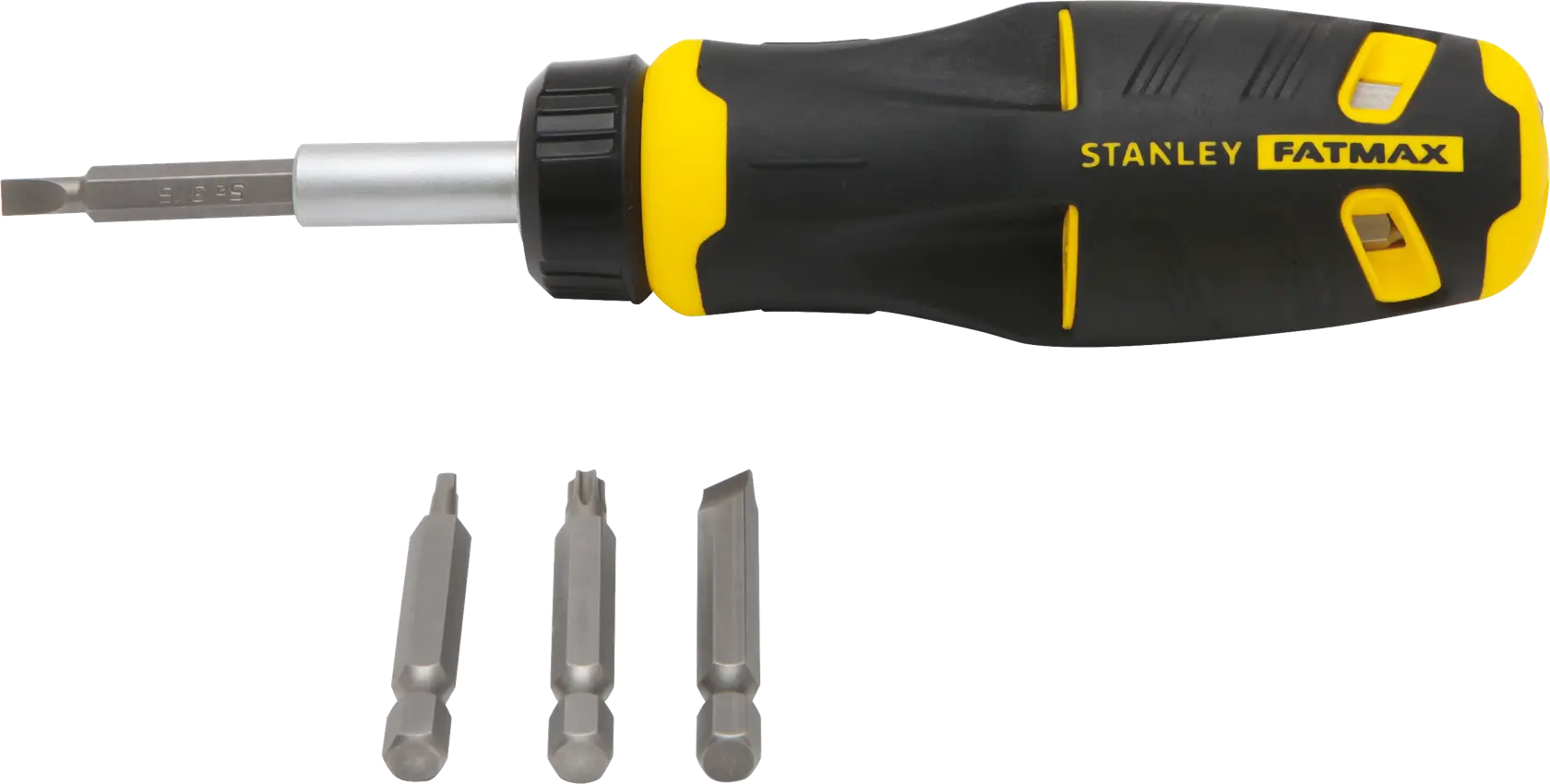 Stanley FATMAX ratcheting screwdriver handle with black and yellow grip, includes three interchangeable bits, front angle.