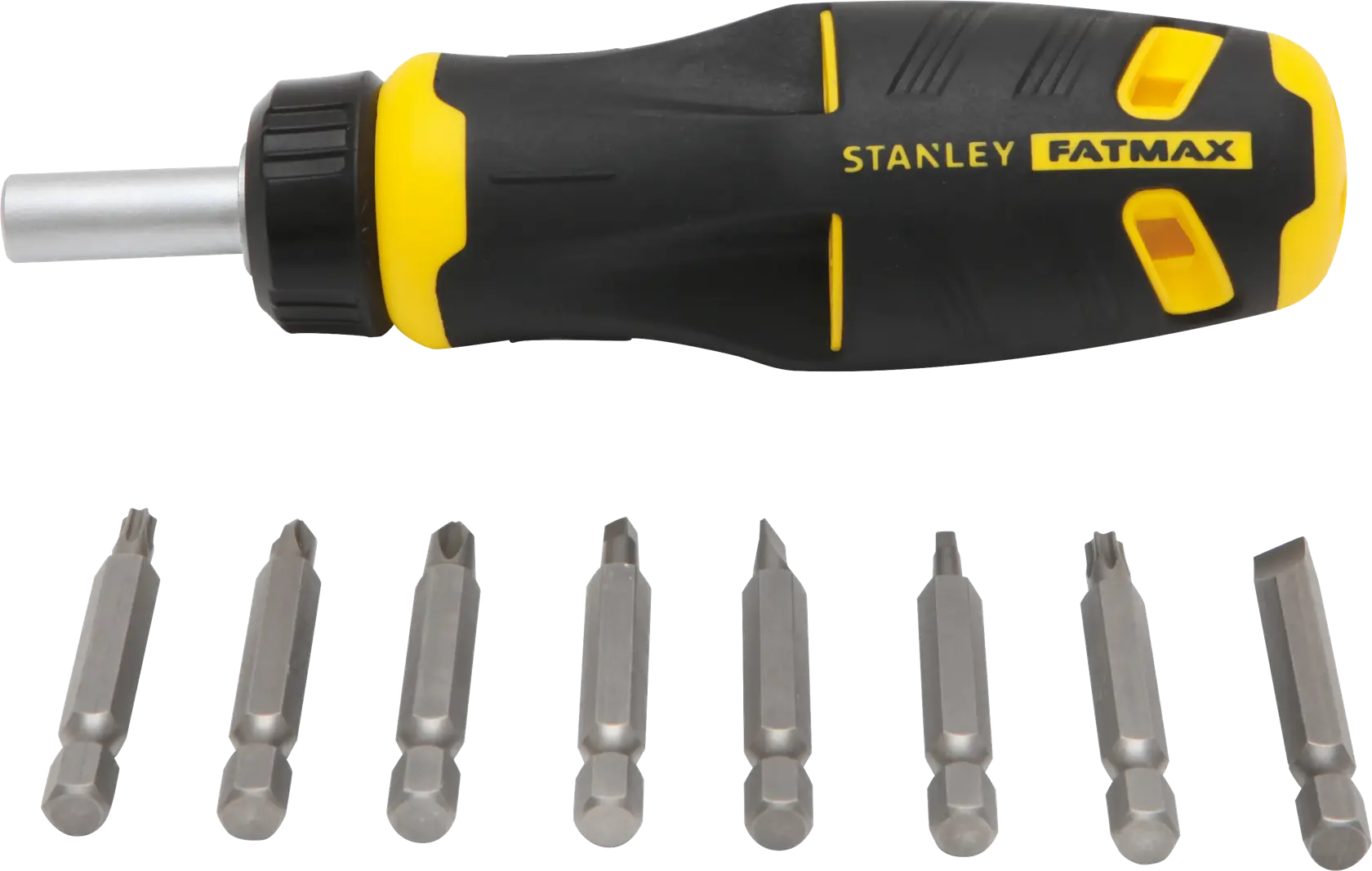 Stanley FATMAX FMHT62287 ratcheting screwdriver with black and yellow handle and eight metal bits, front view.