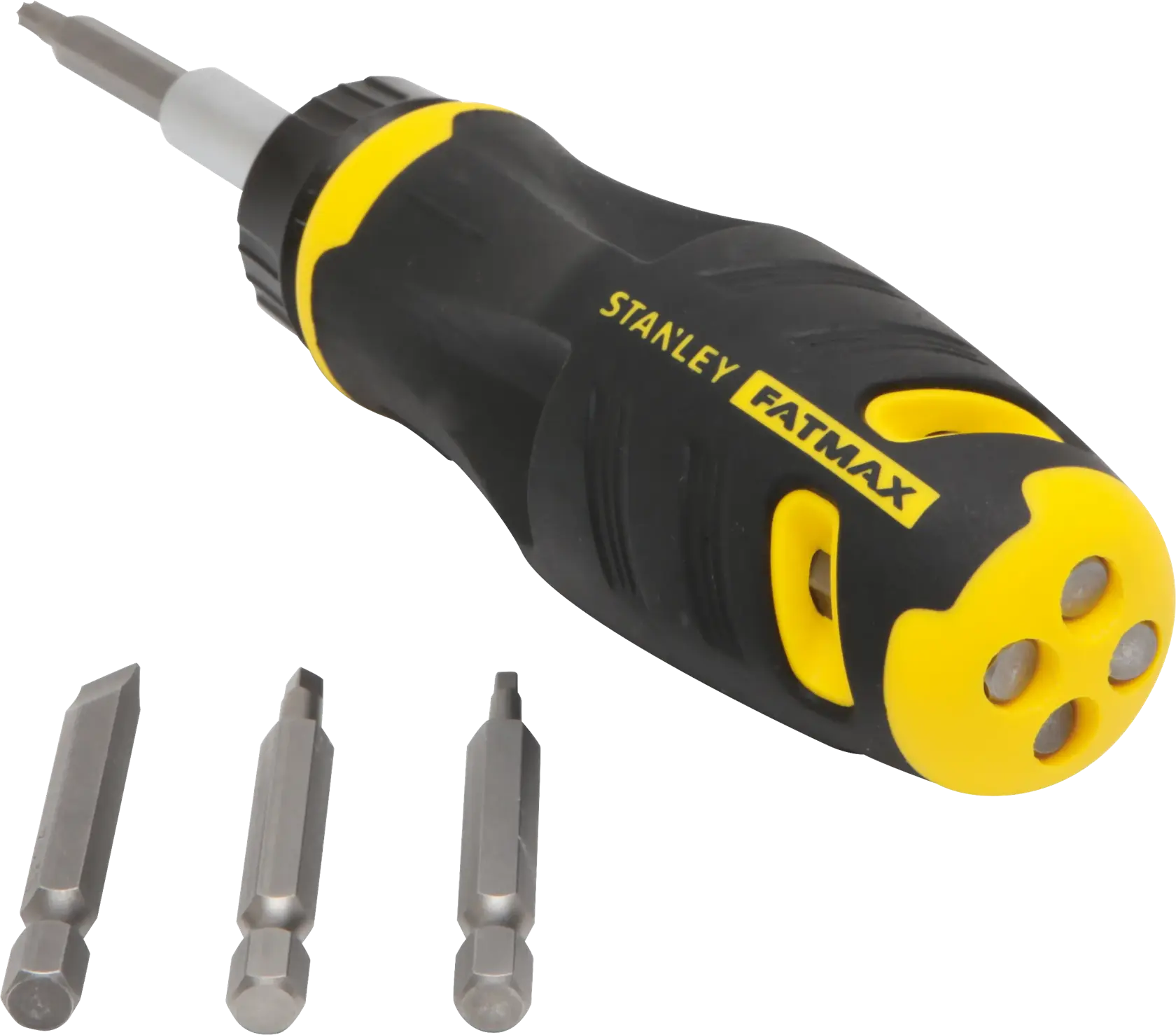 Stanley FATMAX ergonomic screwdriver with black and yellow handle, three interchangeable bits on white background, angled view