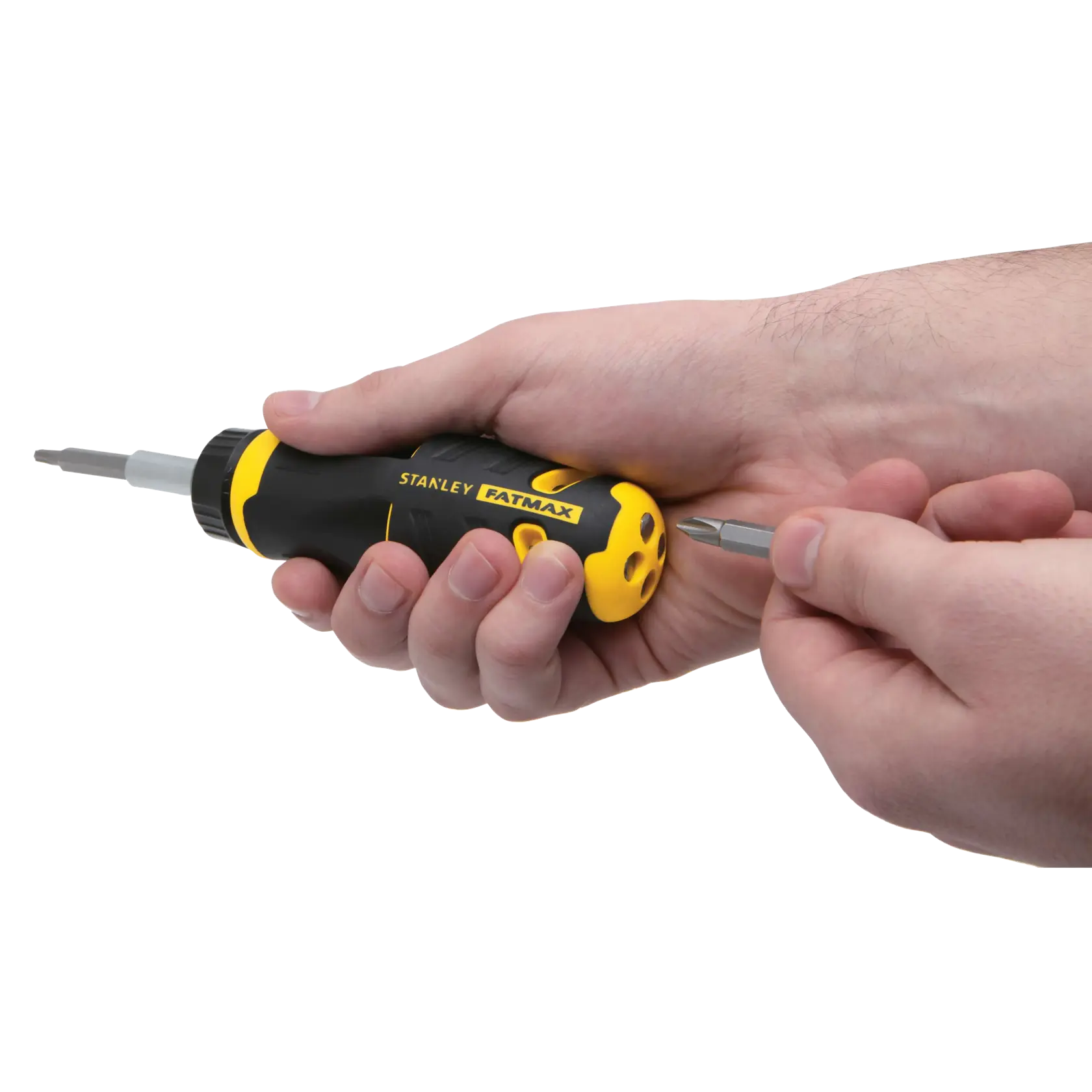 Stanley FATMAX FMHT62287 multi-bit ratcheting screwdriver in hand, showing bit change feature.