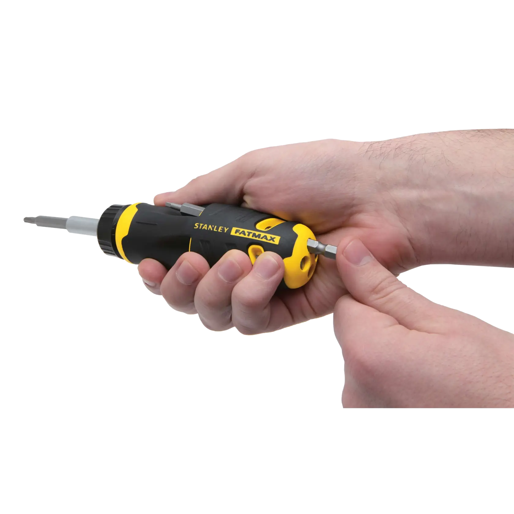 Photo of STANLEY FMHT62287 FATMAX screwdriver being held in hand, black and yellow handle, side angle.