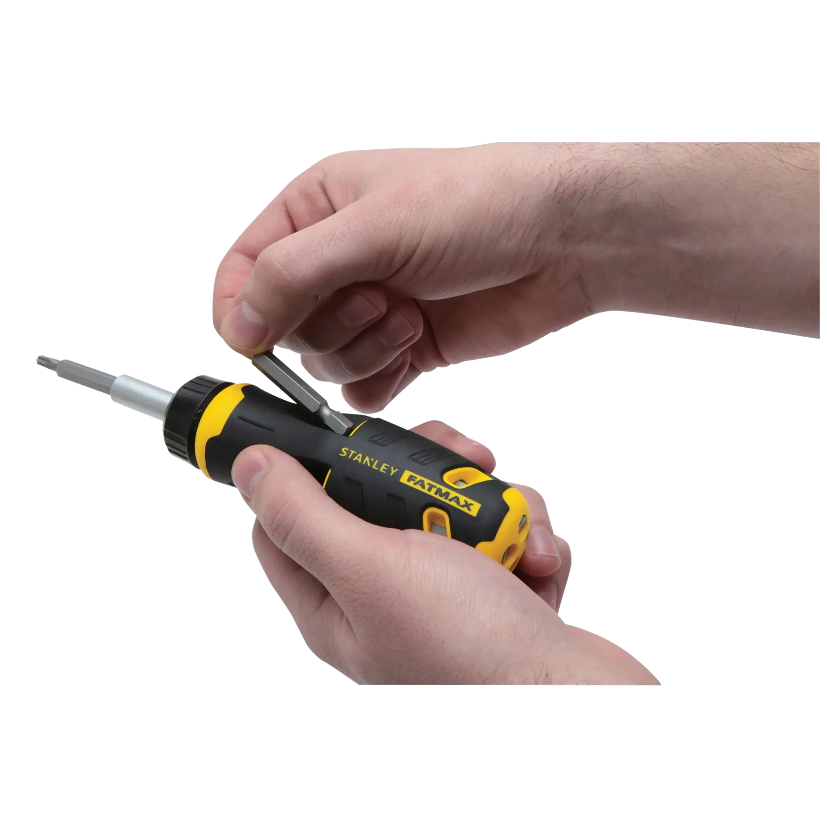 STANLEY FMHT62287 ratcheting screwdriver with black and yellow handle, user switching bit, close-up photography.