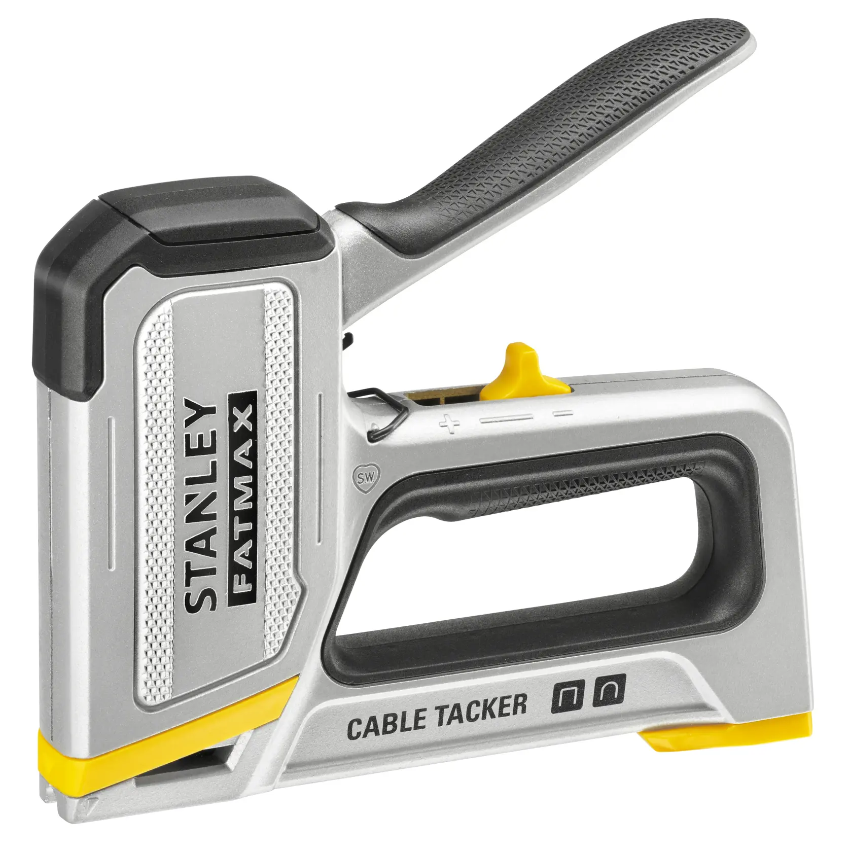 Stanley FMHT70100 cable tacker, silver and black, product side view on white background.