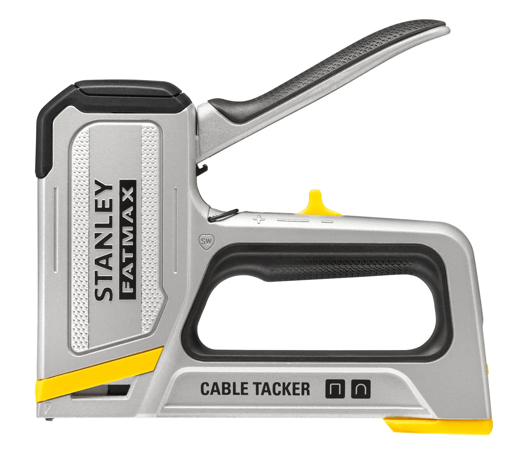 STANLEY FATMAX FMHT70100 cable tacker, silver and black, side view, with yellow accents and ergonomic handle.